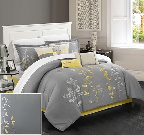 Miniatura 15 de Chic Home, set de cama de 8 unidades, colcha bordada con diseño floral., Microfibra, Amarillo, King