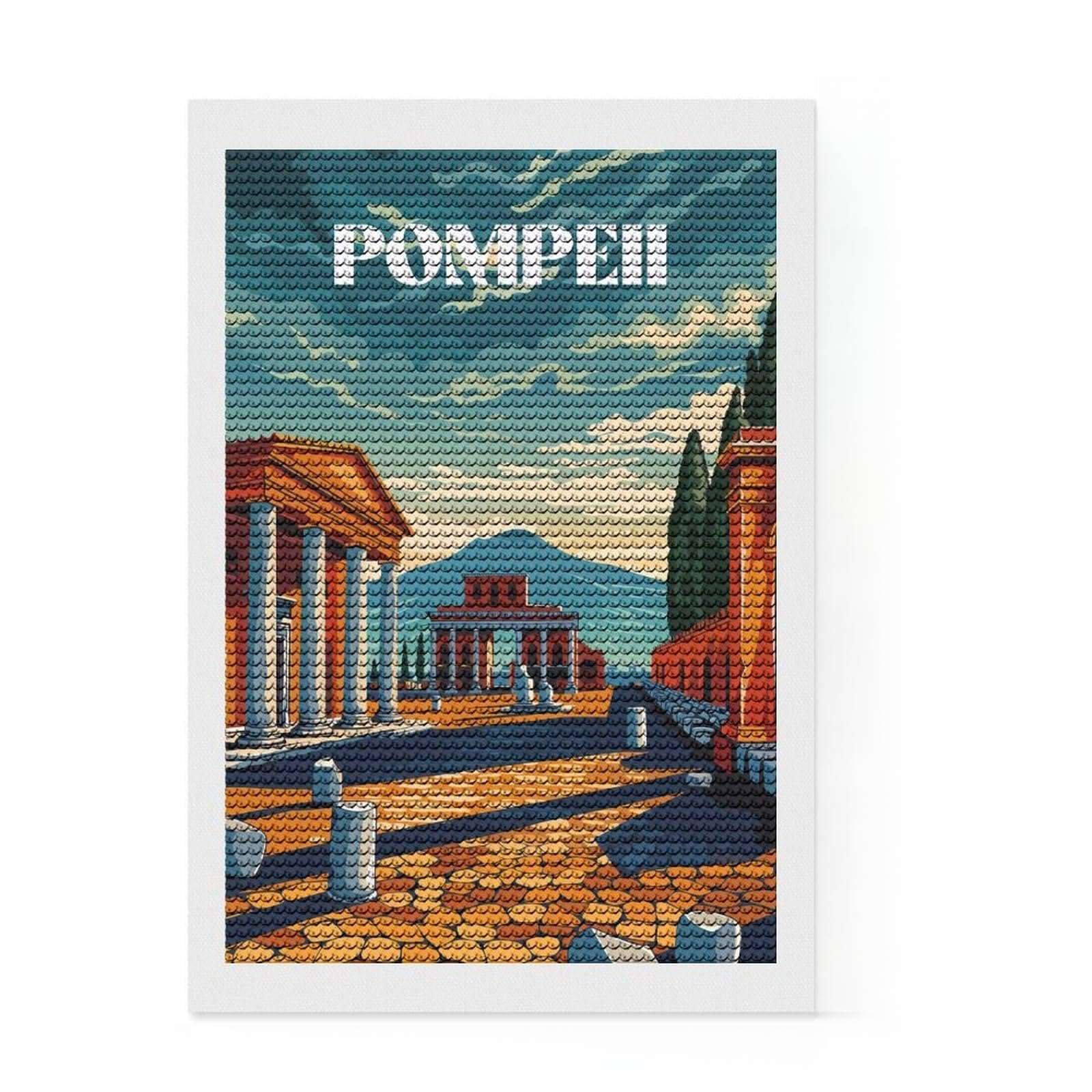 Junmoney Pompeii Ruins Round Drill Diamond Painting 8"x12", Printed Canvas, Office Decor, for Family Craft Time, Holiday Gift Idea