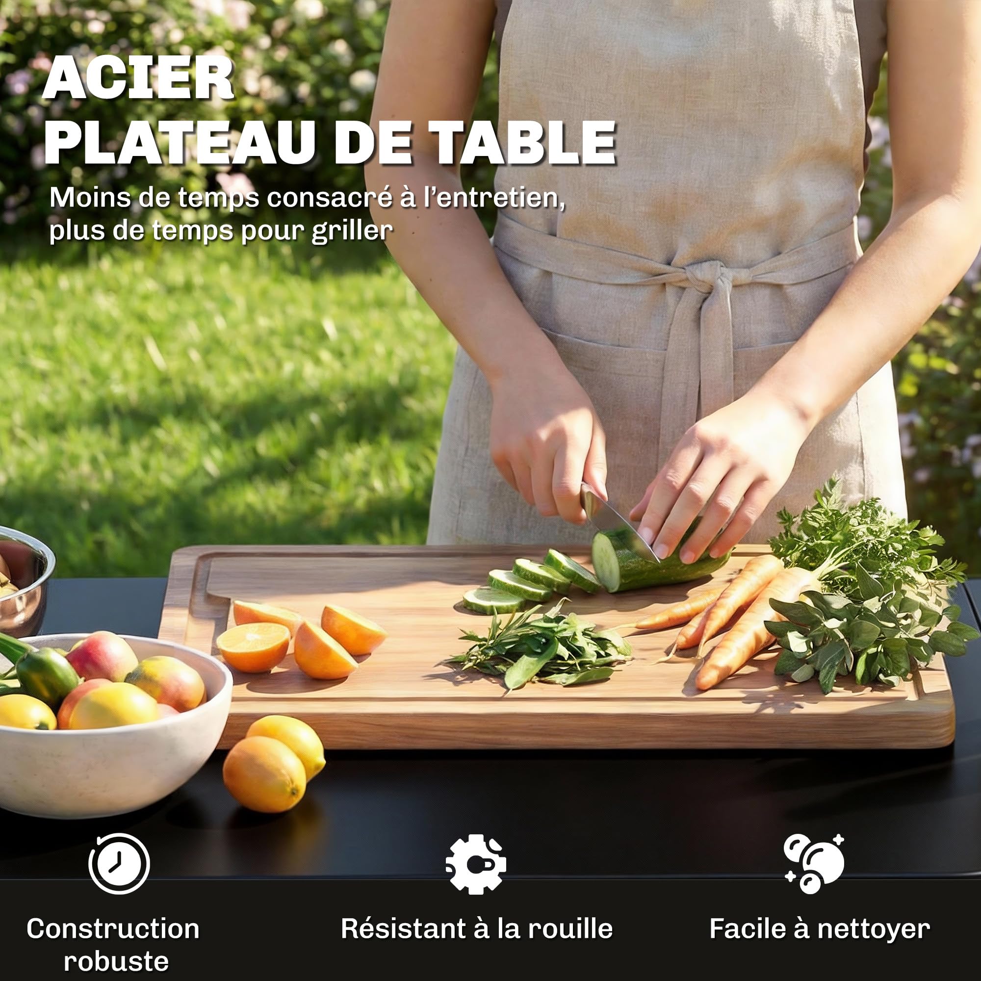 Outsunny Desserte jardin chariot de barbecue sur roulettes îlot de cuisine avec table latérale pliable placard étagères ouvertes porte-papier support sacs poubelle trois crochets 166 x 54 x 88 cm noir