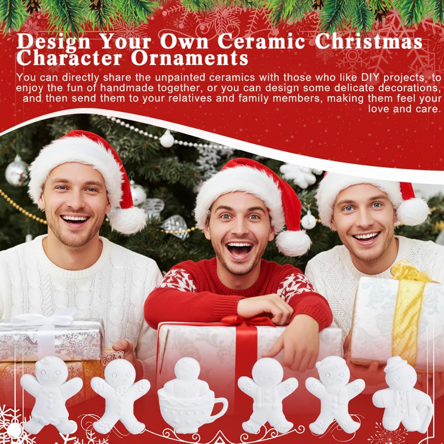 Syhood 24 Pcs Design Your Own Ceramic Christmas Character Ornaments DIY Ready to Design Your Own Ornaments Ceramics to Paint Holiday Christmas Crafts for Adults Family, 6 Styles (Gingerbread Man)