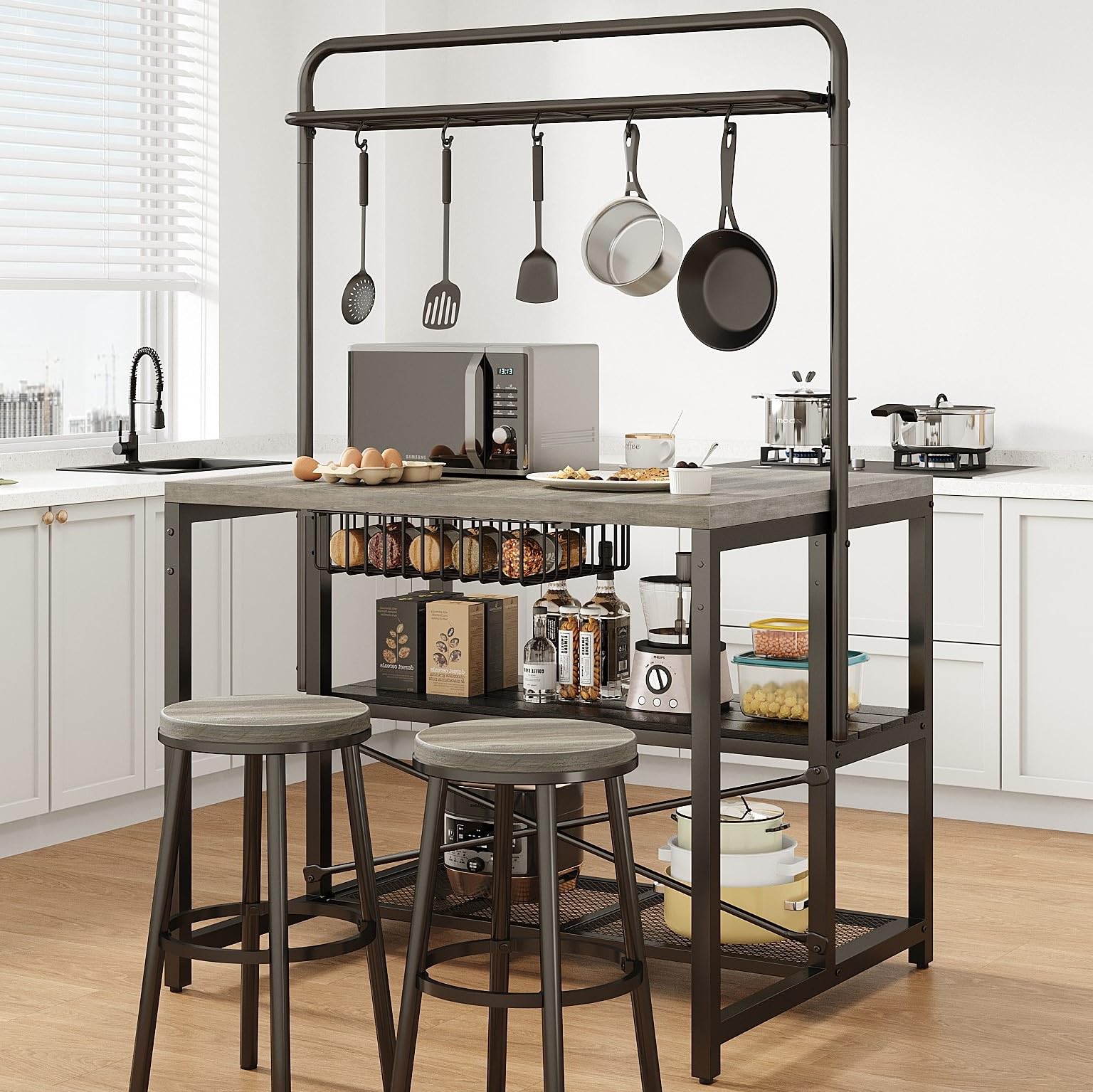 42" Large Kitchen Island Table Baker Rack with Storage and 3-Tier Storage-Microwave Stand Oven Shelf, Metal Coffee Bar Table,Kitchen Shelf for Dining Living Room, 5 Hooks,Grey