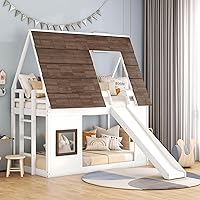 Merax Twin Over Twin House Bunk Bed with Roof, Window, Ladder & Slide - Fun Kids Bed Frame, White & Brown Pine Wood