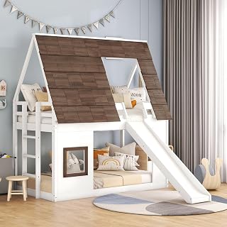 Merax Twin Over Twin House Bunk Bed with Roof, Window, Ladder & Slide - Fun Kids Bed Frame, White & Brown Pine Wood