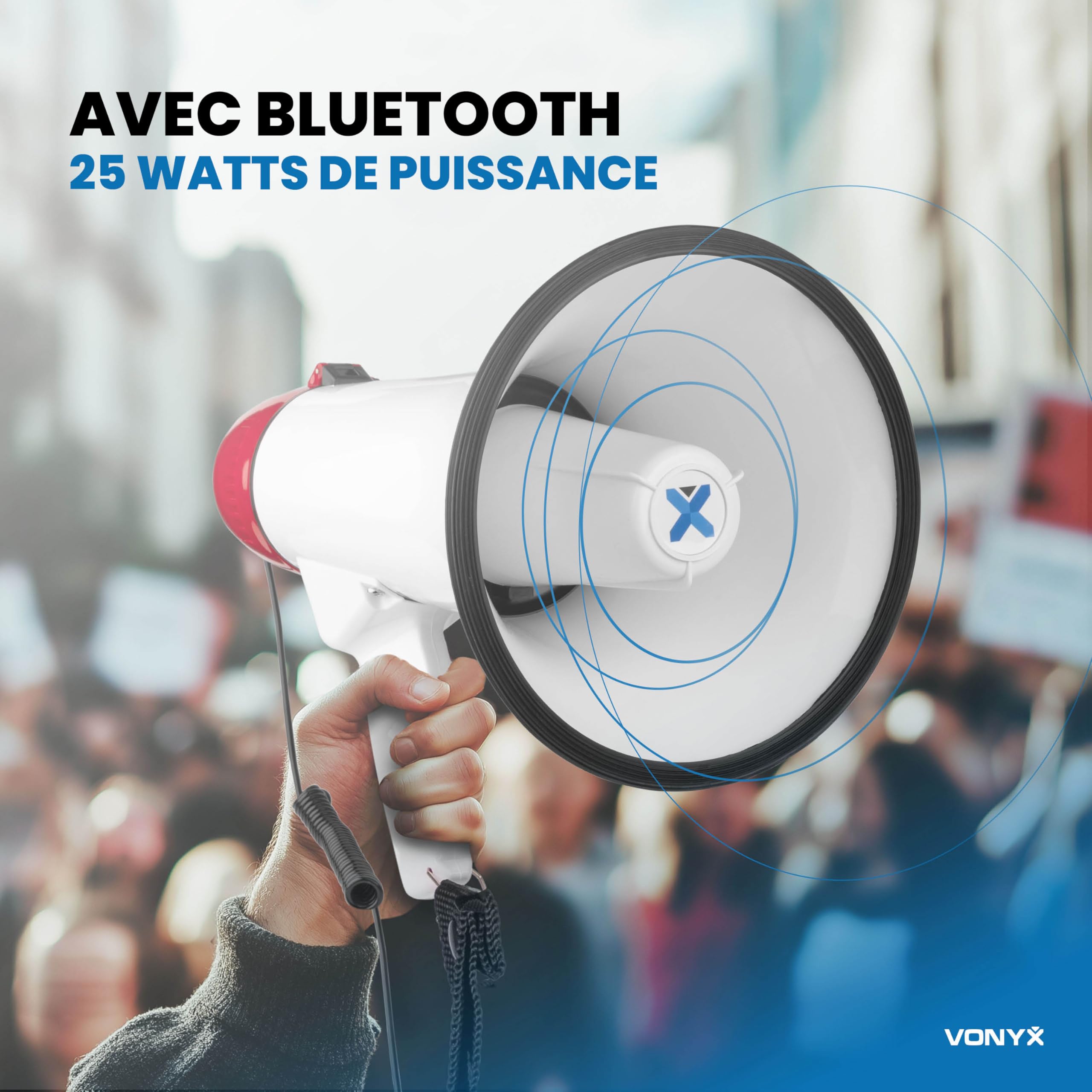 VONYX MEG045 Mégaphone 45W avec Batterie MB60, Idéal pour Manifestations et Matchs Sportifs - Jusqu’à 1 km, Micro Main Détachable, Bluetooth & Lecteur MP3, Dragonne, Réglage du Volume