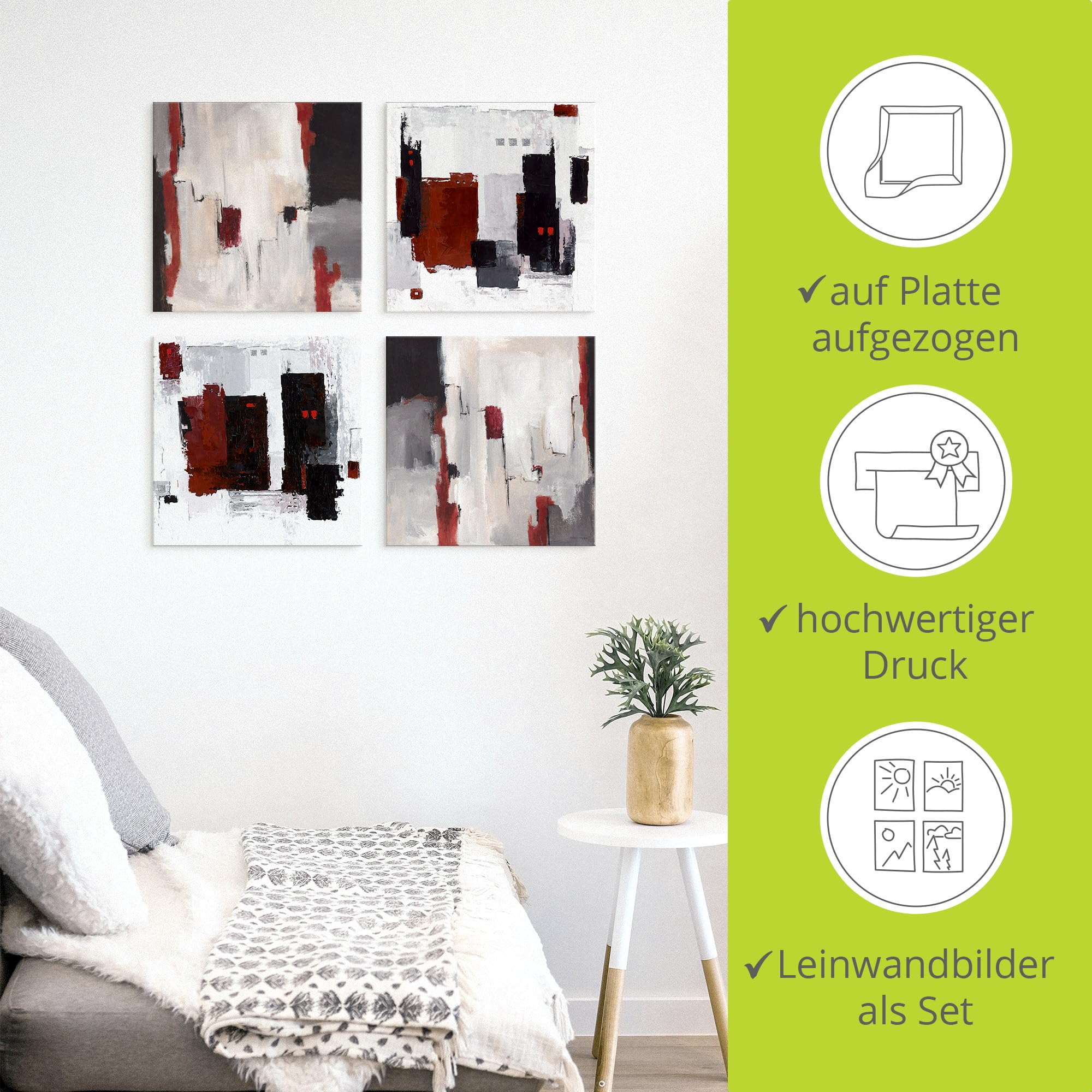 ARTLAND Wanddeko Leinwand Bilder auf Holz Wandbild Bild Set 4 teilig je 40x40 cm Abstrakte Kunst Malerei Modern Abstrakt Art Skandinavisch Rot Grau U1OD