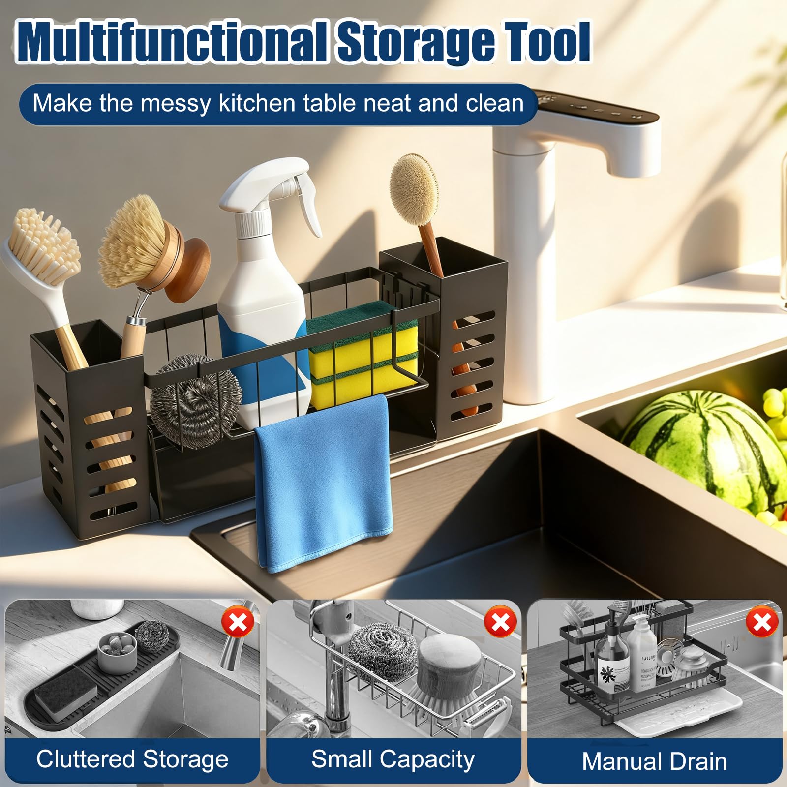 Bellovero Organisateur Evier Cuisine,Porte Eponge Evier Avec Bac De