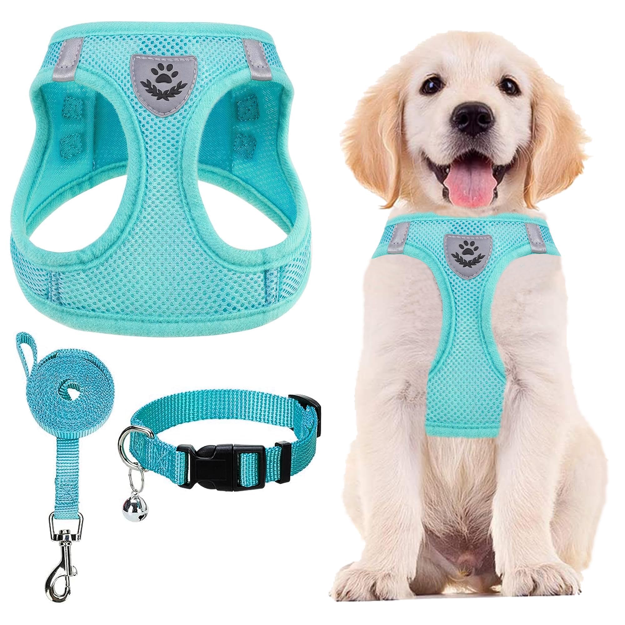 PUPTECK Adjustable Dog Harness Collar and Leash Set Step in No Pull Pet Harness for Small Medium Dogs Puppy and Cats Outdoor Walking Running, Soft Mesh Padded Reflective Vest Harnesses, Turquoise L