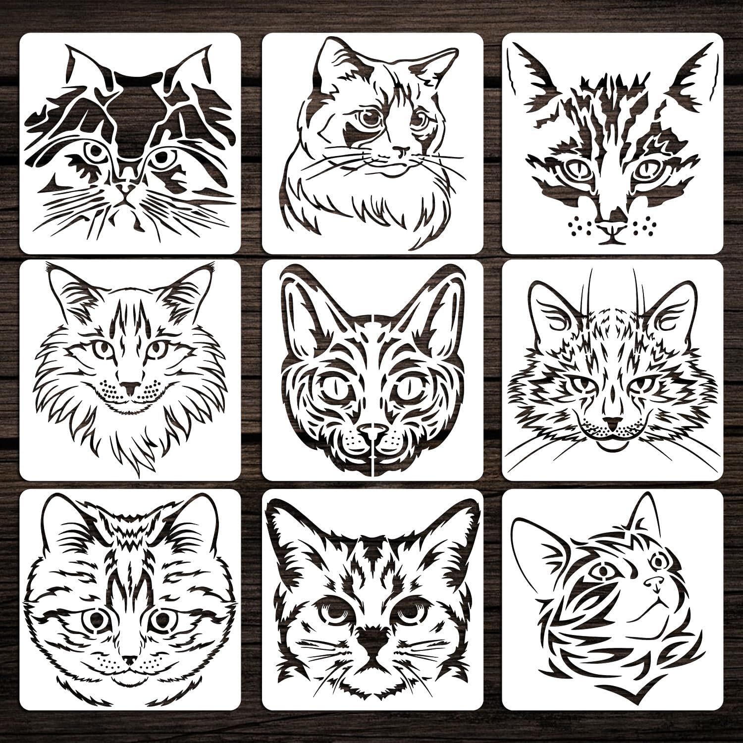 9-Pack Cat Stencils for Painting on Wood, Reusable PET Drawing Templates with Maine Coon Cat Head Design, for DIY Crafts, Baking, Royal Icing, Sugar Cookie Decorating, Wall Art, 7.87IN