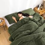 COTTEBED Conforteur de lit Sherpa ultra-soft chaud mais léger Set lit double taille Reine, peluche en peluche Polycotton Down Alternative Couverture Comforter & PillowSham Vert d'olive foncé Plein/Queen