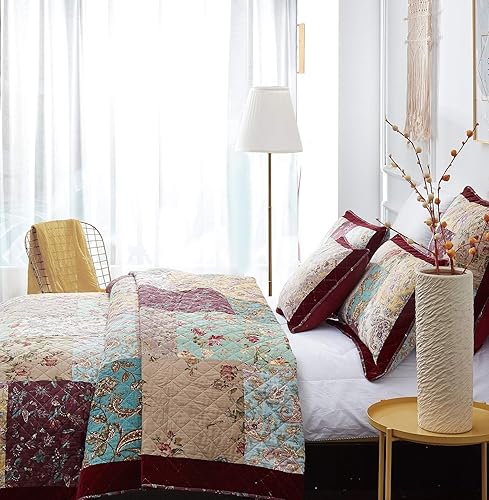 Miniatura 3 de DaDa Bedding - Colcha bohemia de retazos, diseño de cachemira floral con ribete aterciopelado de vino burdeos, juego acolchado multicolor brillante