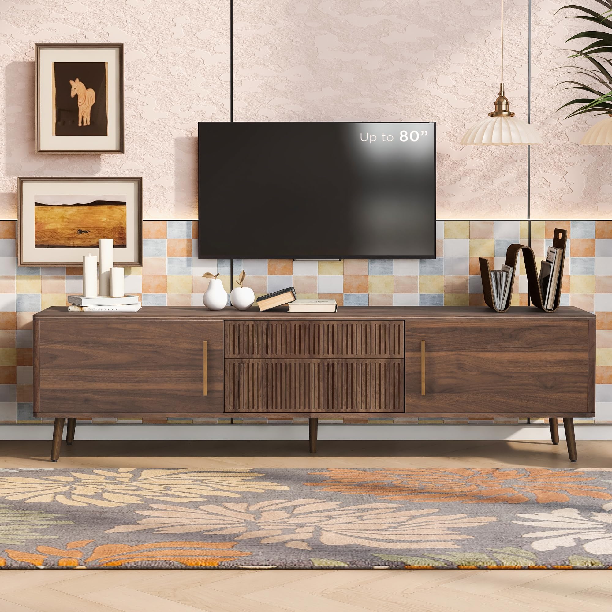 Merax Mid Century 70" TV Stand, Modern Entertainment Center for TVs up to 80", Media Console with Storage, 2 Cabinets & 2 Drawers for Living Room,
