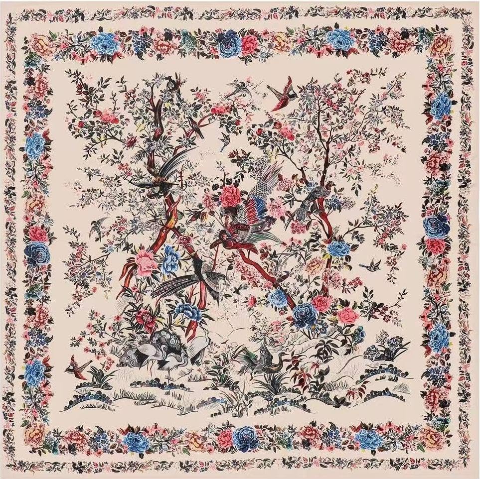 Tapis chambre à coucher et salon style bohème floral beige rose antidérapant