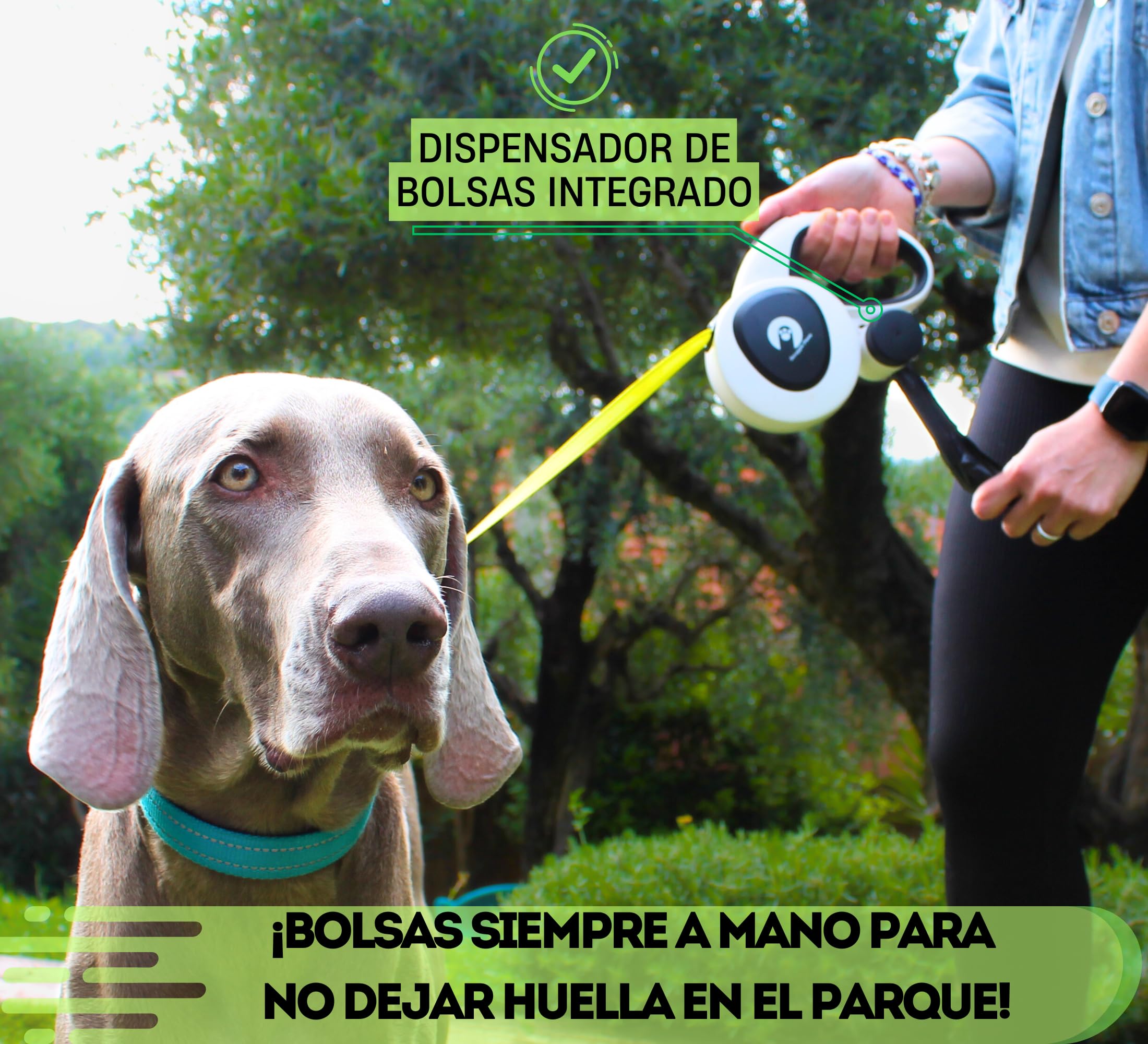 Snuggle Paws Correa Perro Extensible 5m Todo en Uno – Luz LED, Dispensador de Bolsas, Cable Antimordida y Cinta Reflectante | Correa Retráctil para Perros Medianos hasta 30kg