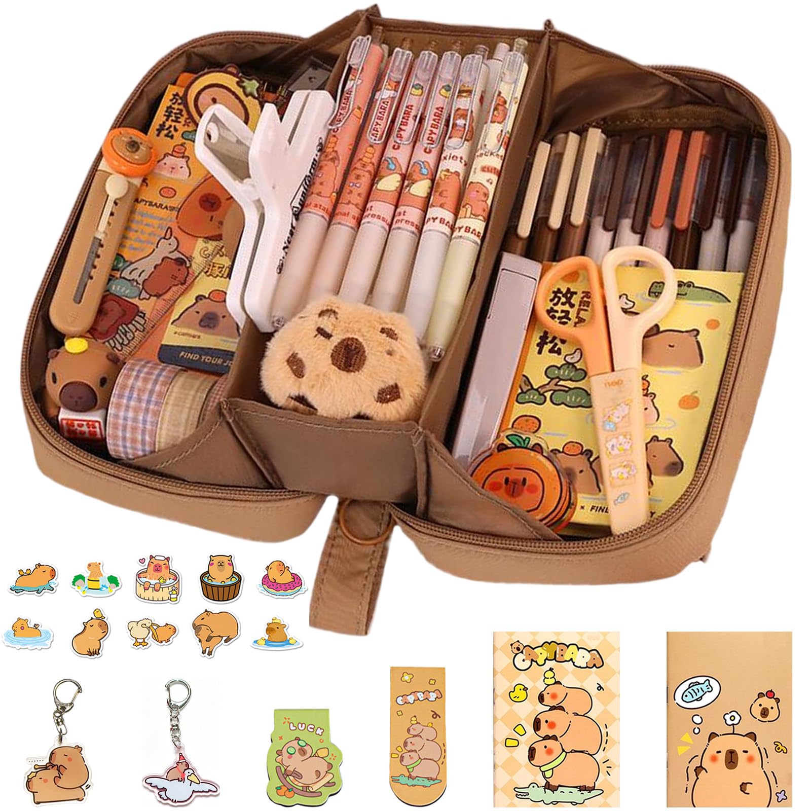JYJLLM 27PCS Capybara Stationery Set, 180° Open Pencil Case with Notebooks Bookmarks Keychains Stickers for Adults Office Home Gift