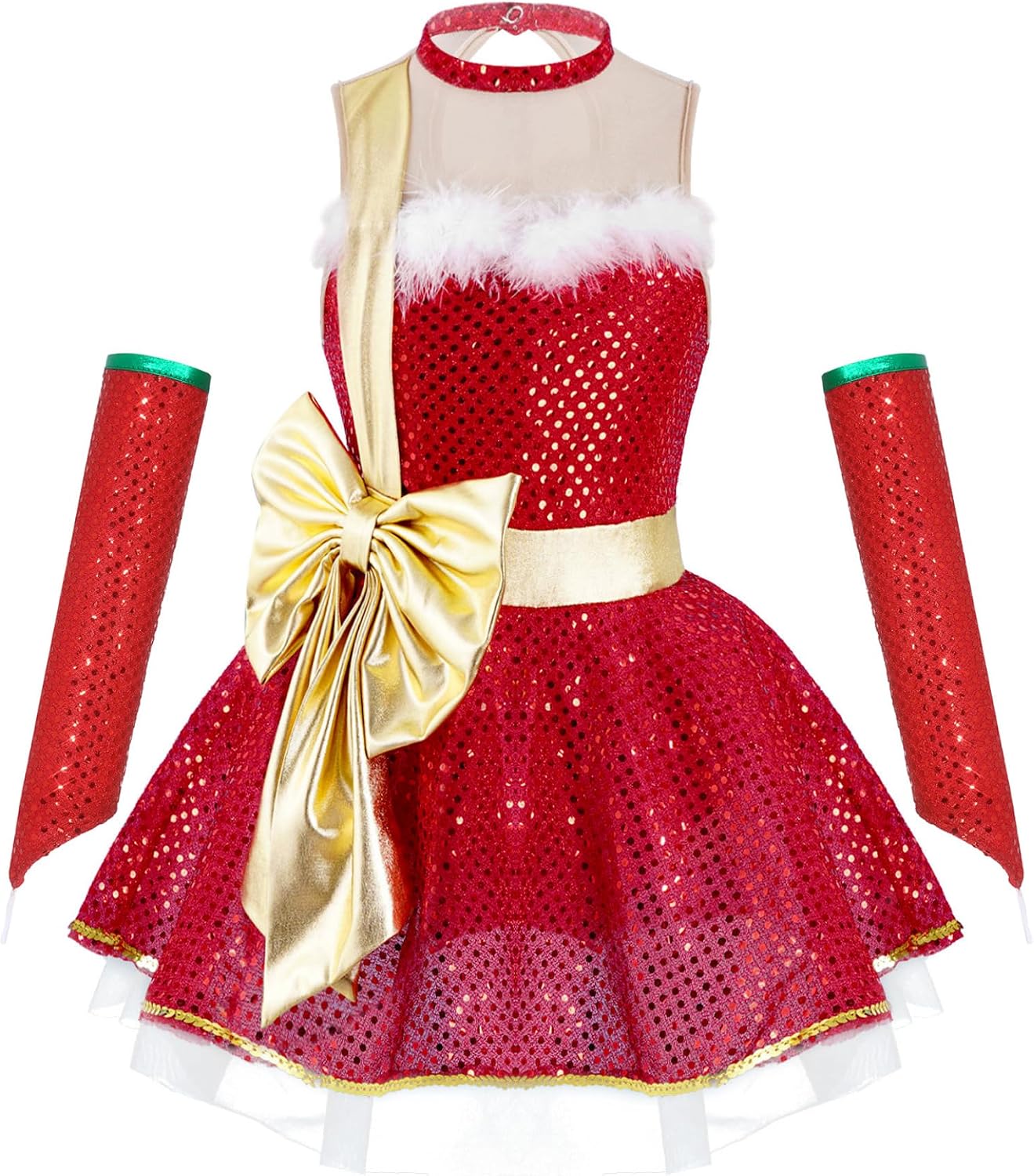 Kids Girls Sleeveless Sequins Bowknot Leotard Dance Tutu Dress Christmas Party Dress with Oversleeves