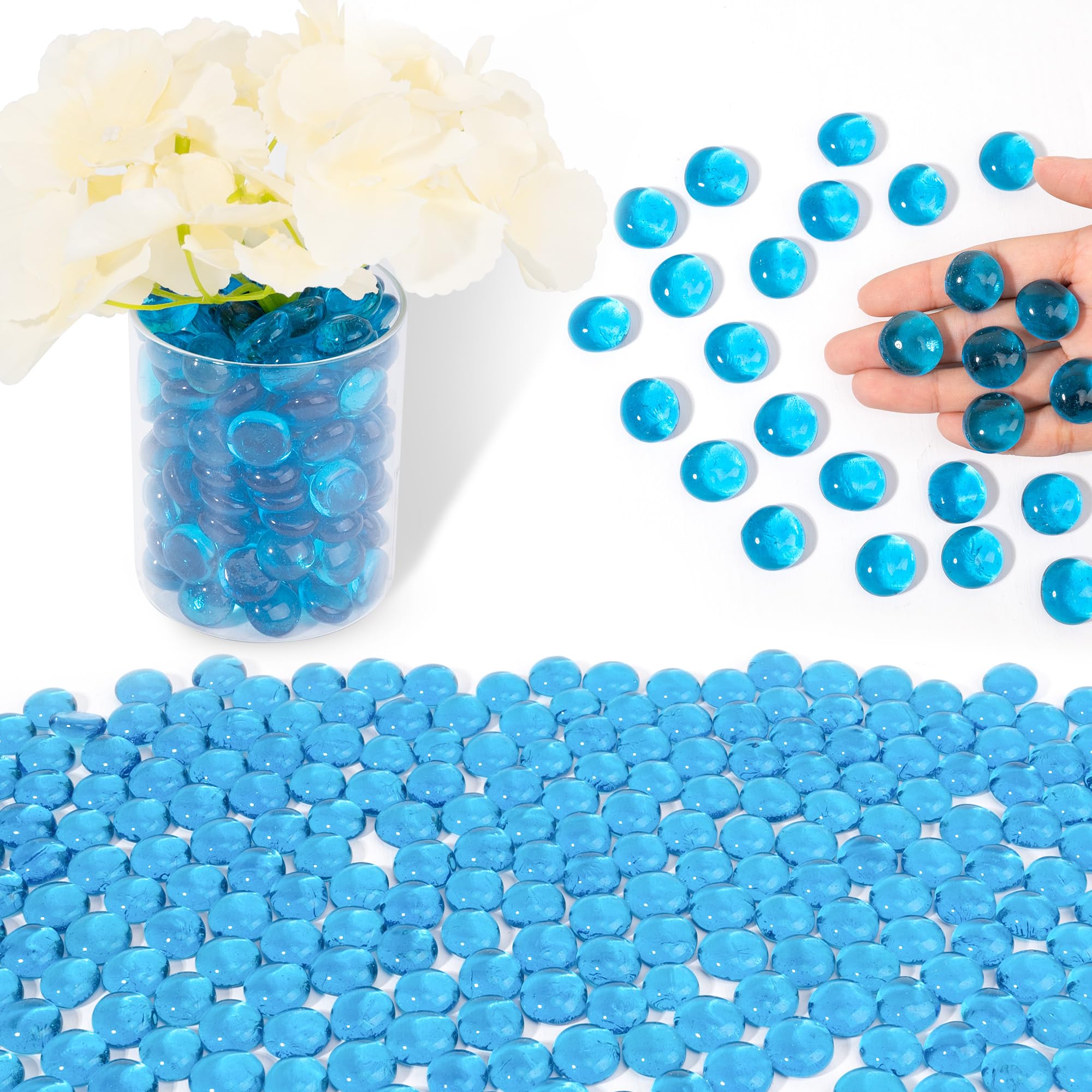 Glass Beads for Vases, 440g Mancala Stones, Decorative Vase Filler Beads Gems, Flat Marbles for Flower Holder, Crafts, Flat Glass Marbles Pebbles for Aquarium Decor, Fish Tank Decorations, Sea Blue