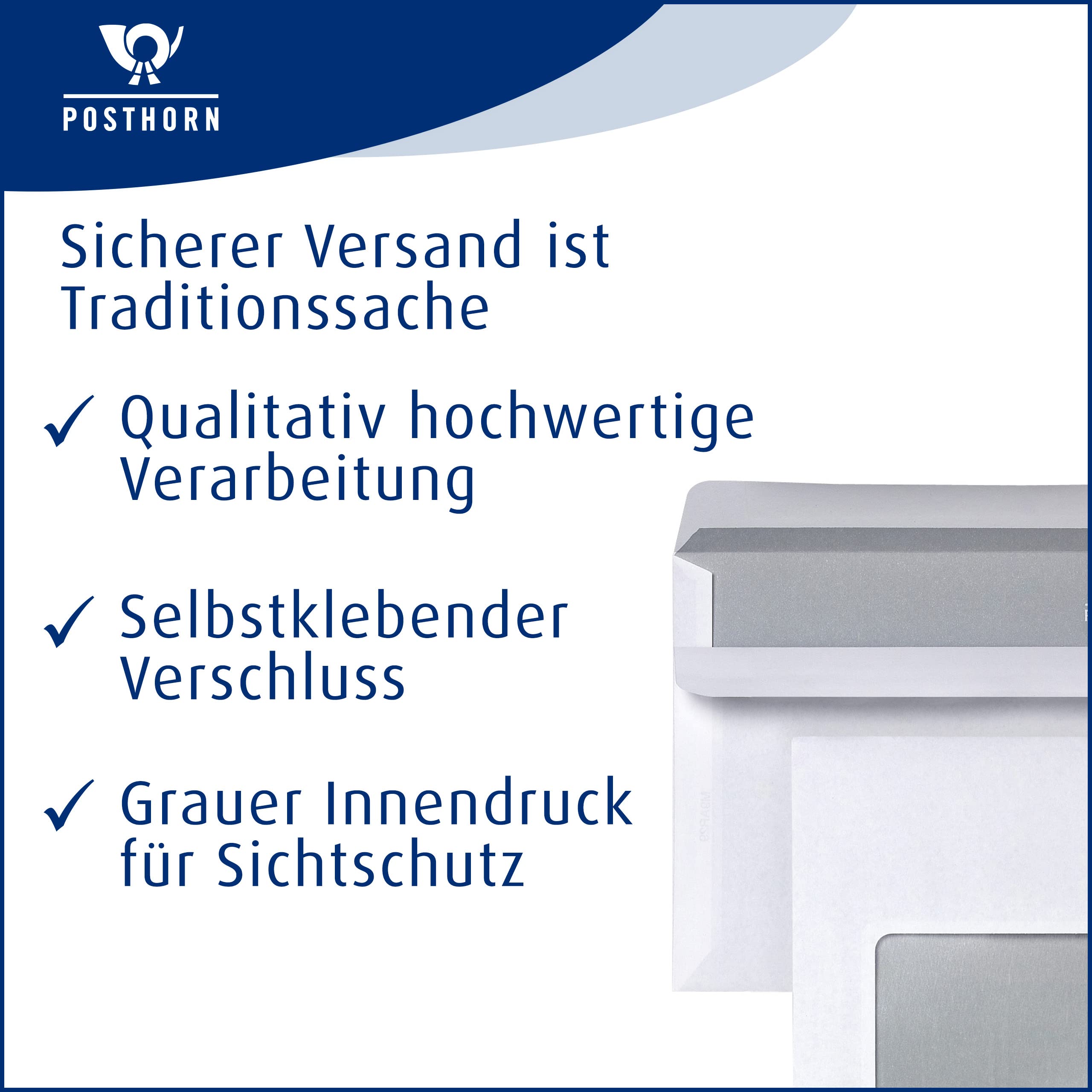 POSTHORN Briefumschläge mit Fenster 125 x 235 mm (1000 Stück) - Weiß | Umschläge selbstklebend - Kuvert mit grauem Innendruck - Briefkuvert mit mit 80g/m² -