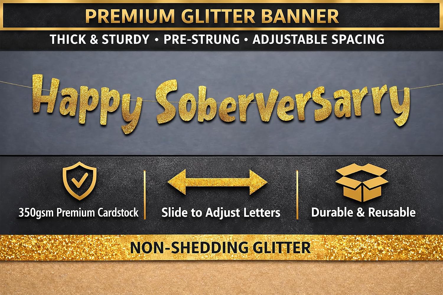 Pre-Strung Happy Soberversary Gold Glitter Banner - Birthday Decorations for Men and Women - Party Supplies and Gifts image 3