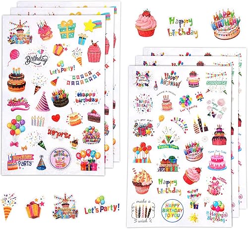 6 hojas de calcomanías de feliz cumpleaños, variedad de estilos, calcomanías adhesivas lindas para fiestas de cumpleaños para niños