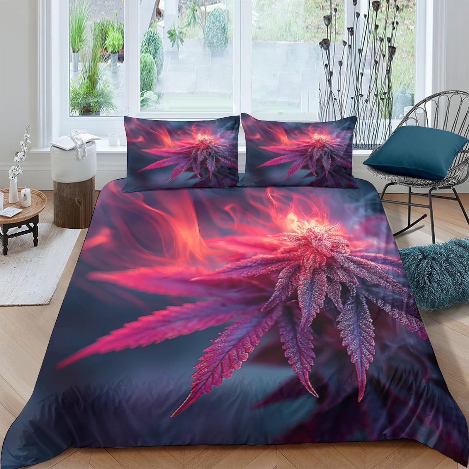 Ctjqhvkz Style-3 3D Printed Cannabis Leaf Fitted Sheet Microfiber Anti-Slip Red Purple Bed Cover For Bedroom Dorm Mattress Protection Single（135X200cm）