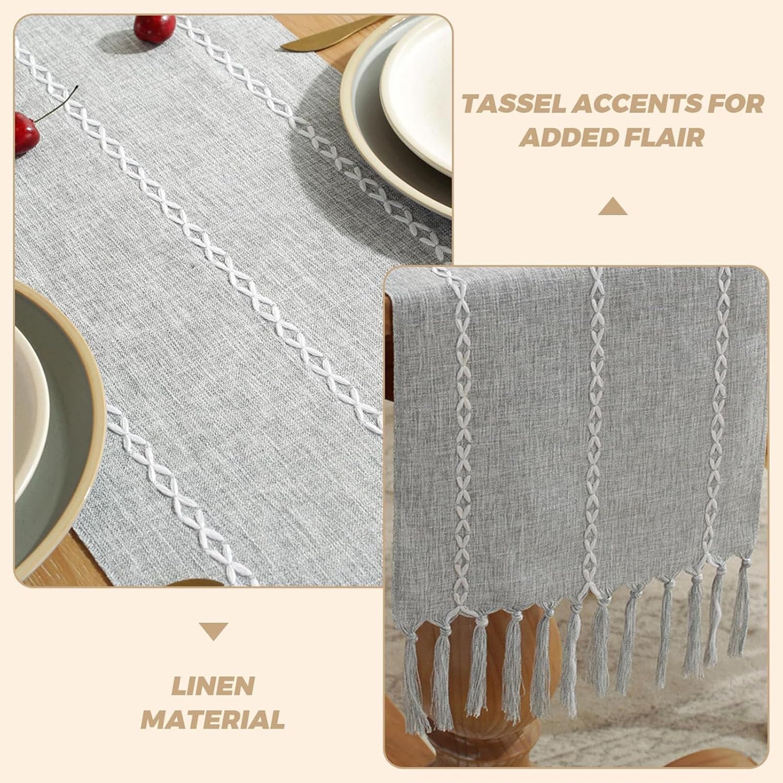 Runner da tavola in cotone e lino con nappe a mano, stile rustico, decorazione per tavolo da cucina, nappa lunga 10 cm, per feste, sala da pranzo, decorazione da tavolo da dessert, adatto per autunno