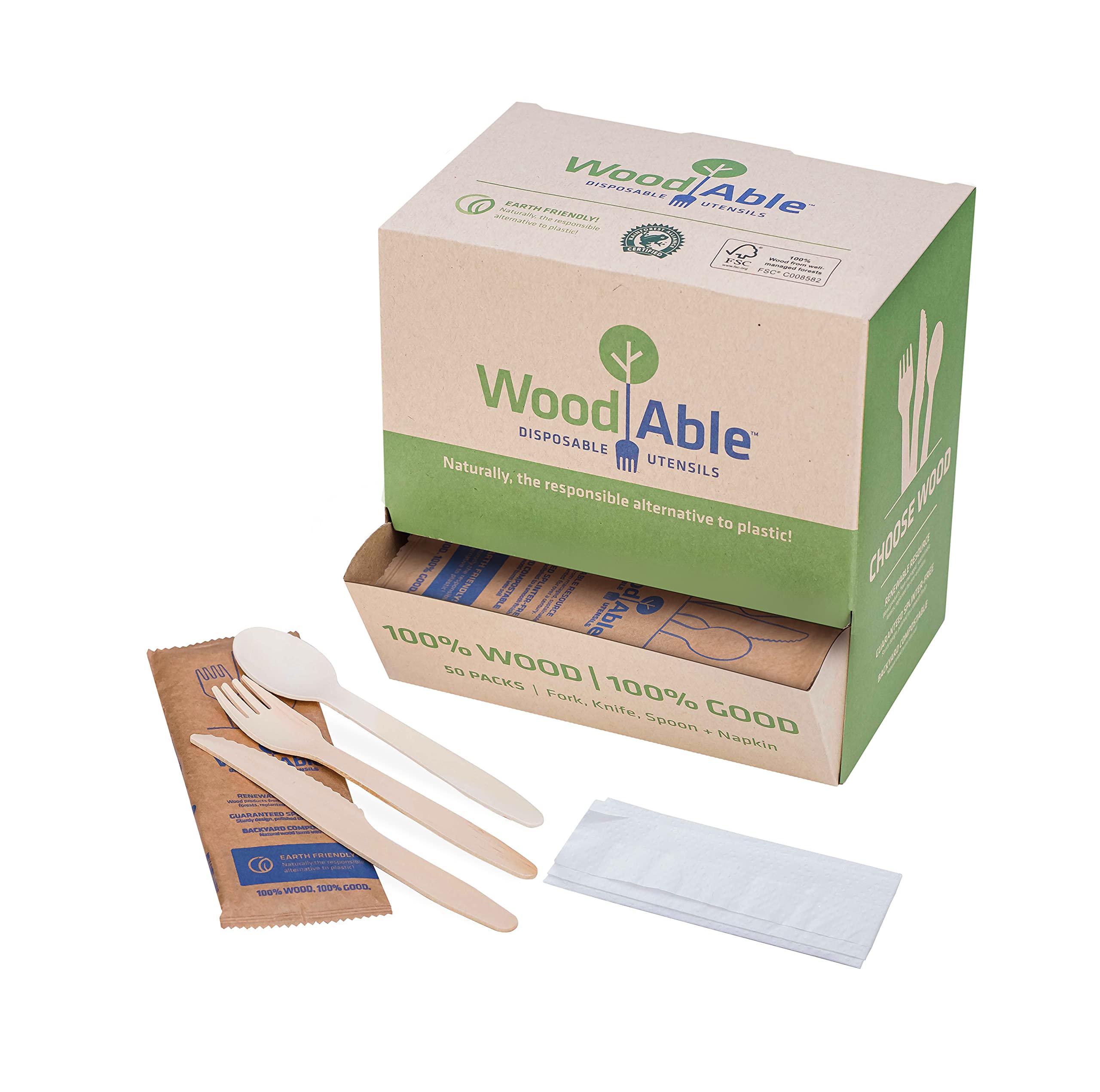 WOODABLE Disposable & Backyard Compostable Wrapped Wooden Cutlery Set, Eco-Friendly, Sustainable, Organic, Biodegradable, Vegan-Friendly, 50 packs with knife, fork, spoon and napkin, 150 Utensils