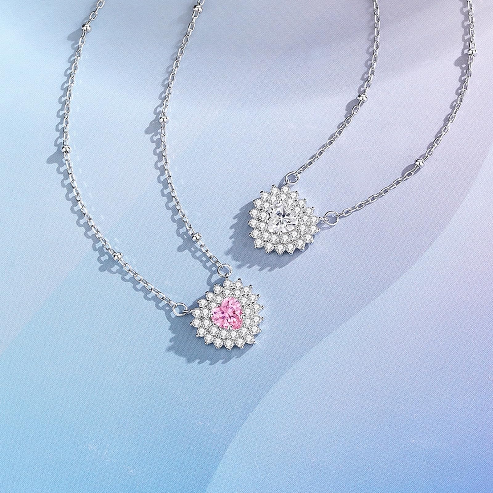 Collares de oro blanco para mujer, collares de plata para mujer, corte de corazón con halo floral, oro blanco/platino