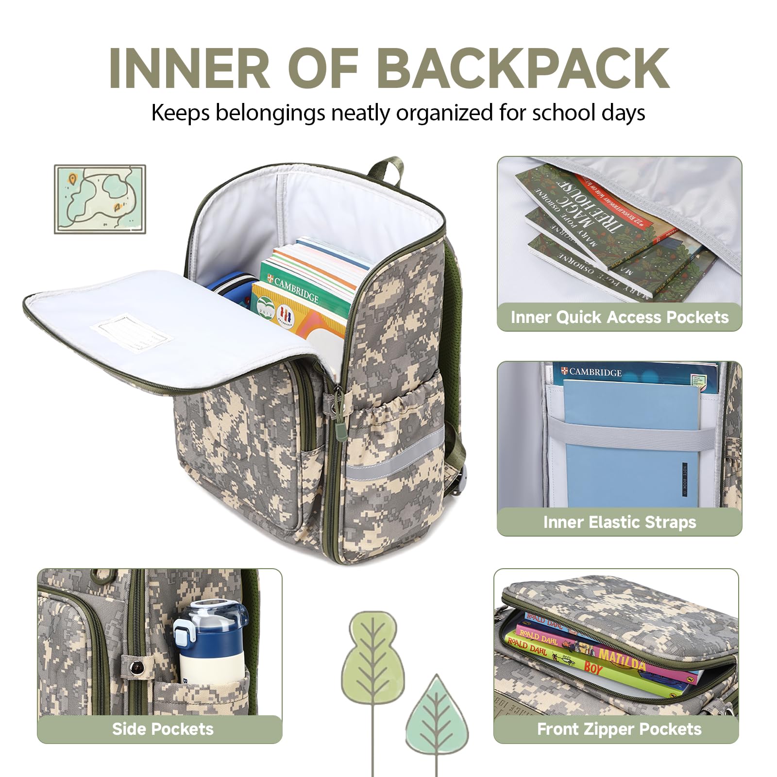 Amythe Sac à Dos Garçon Camouflage, Cartable Primaire pour Classes 1 à 6, Sac à Dos Ergonomique avec Ceinture Poitrine et Bandes Réfléchissantes, Sac Scolaire Étanche pour l’École, Camouflage Gris