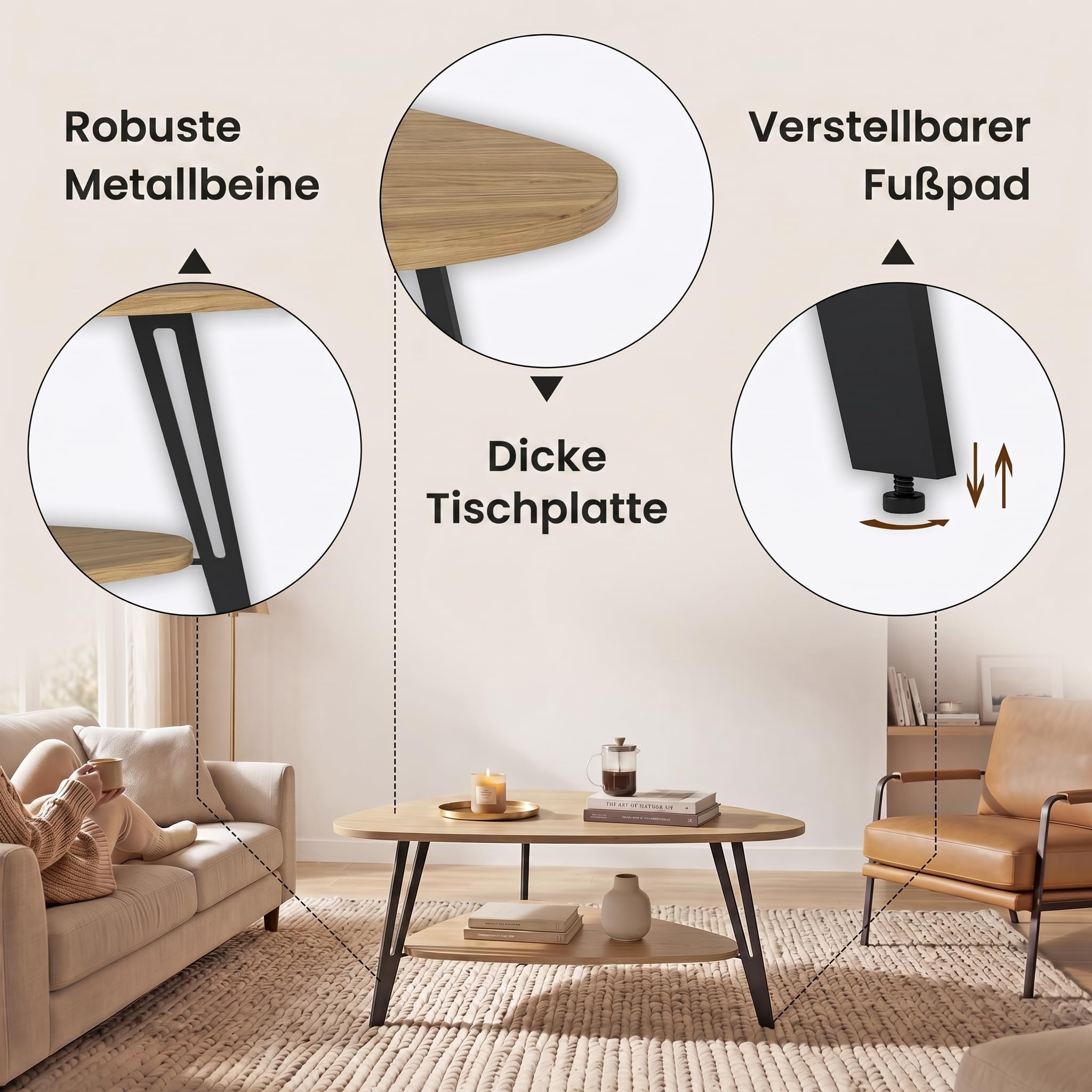 Manora Couchtisch oval Holz mit Ablagefach & Metallbeinen - Moderner Wohnzimmertisch Kaffeetisch Sofatisch Beistelltisch für Wohnzimmer Schlafzimmer Büro (Eiche+Schwarz, zweistöckig, Dreieckig)
