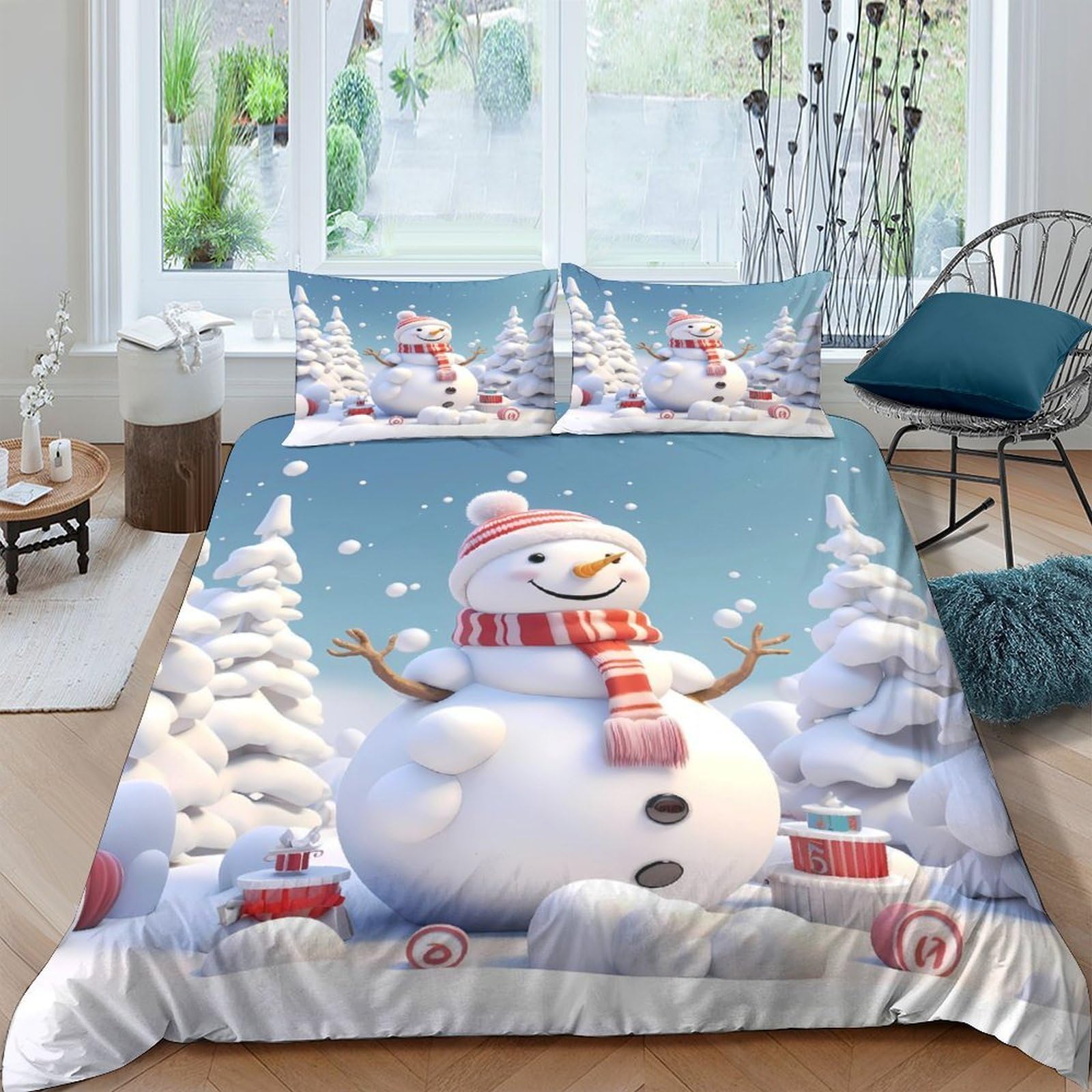Ctjqhvkz Style-4 3D Printed Snowman Winter Forest Fitted Sheet Microfiber Soft Anti-Slip Bed Sheet For Bedroom Guest Room Decor Single（135X200cm）