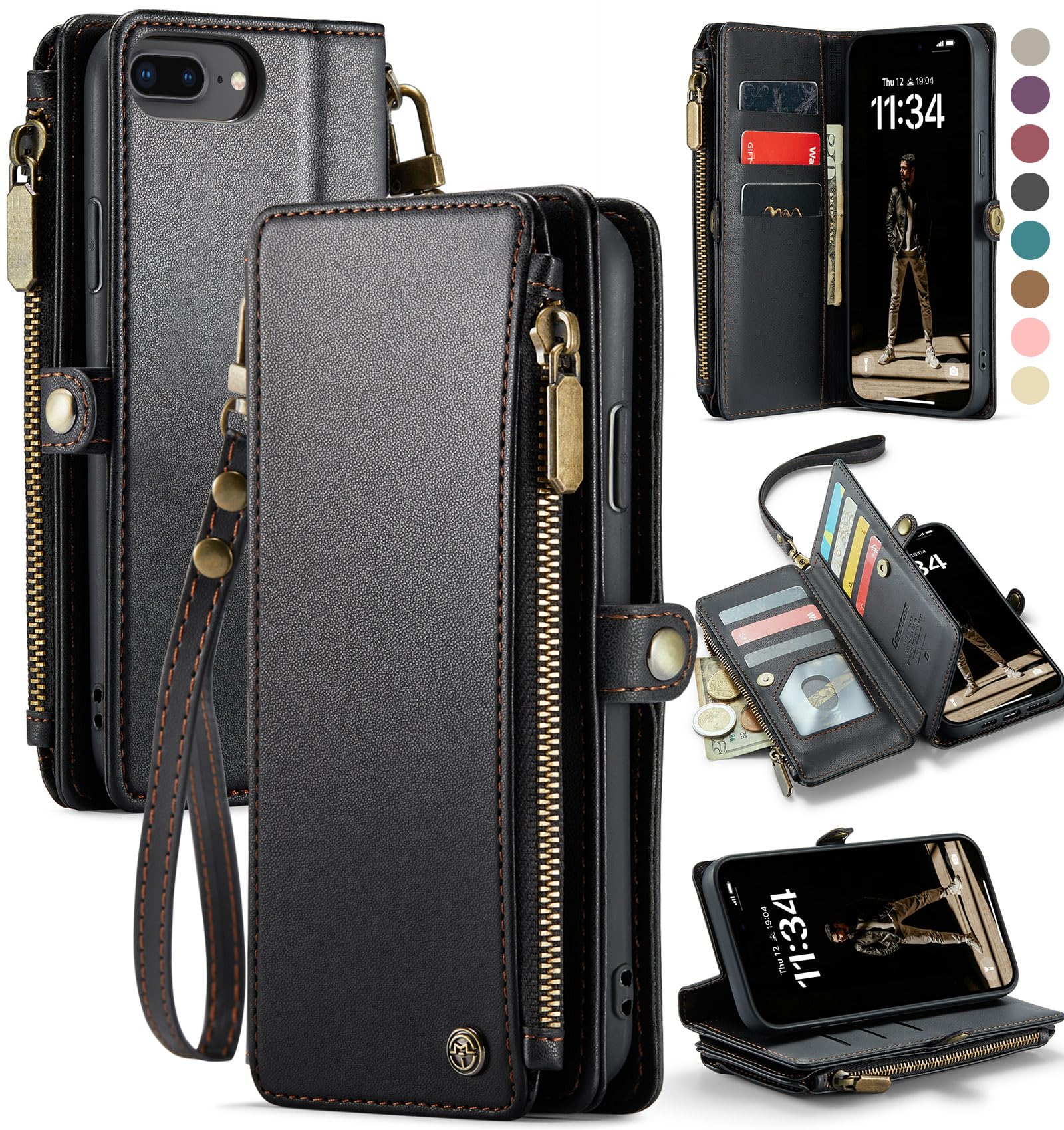 Defencase Compatible with iPhone 8 Plus/ 7 Plus Case Wallet with RFID Blocking Card Holder for Women Men PU Leather Magnetic Snap Flip Zipper Strap