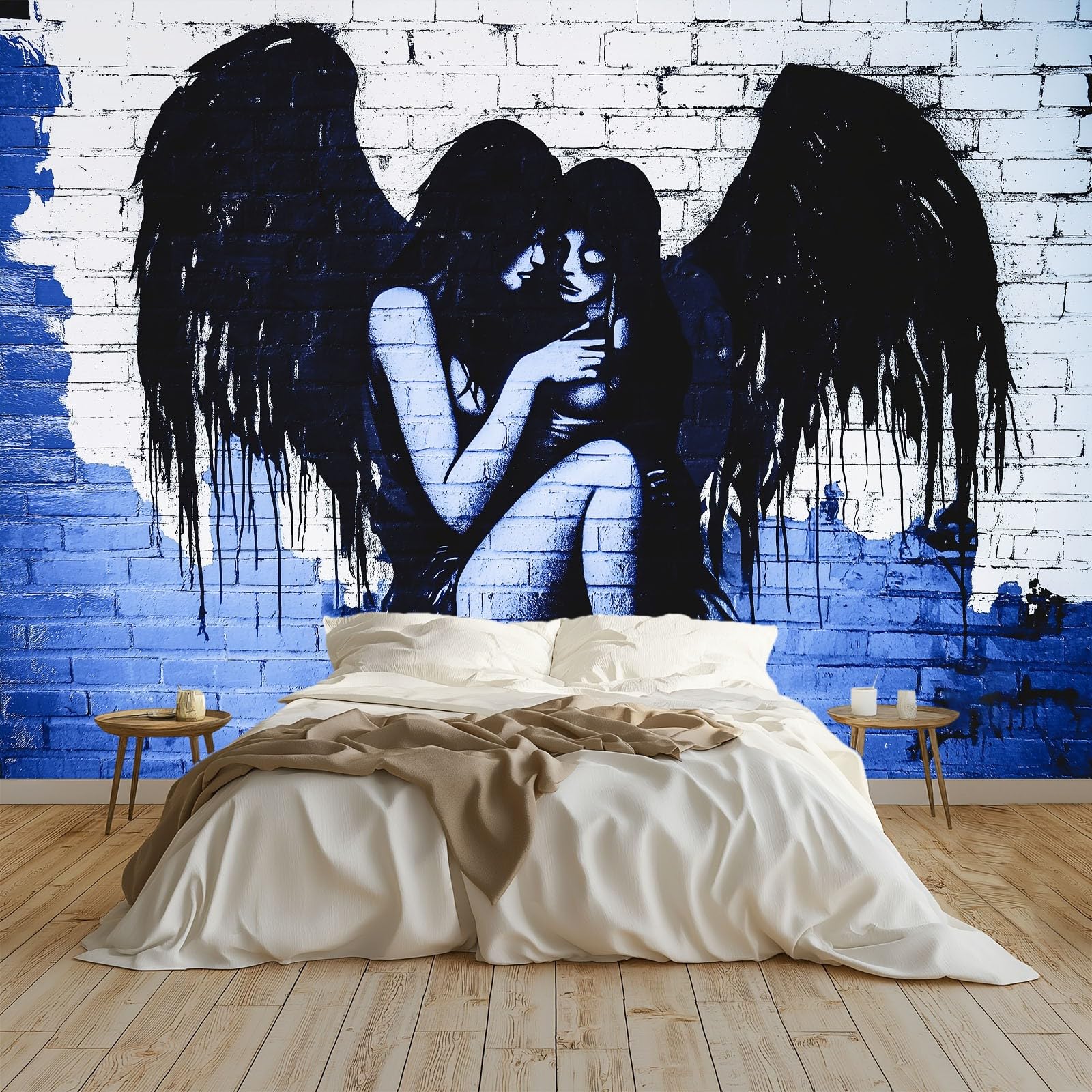 Papier peint panoramique graffiti ange diable bleu intissé salon 200x140 cm