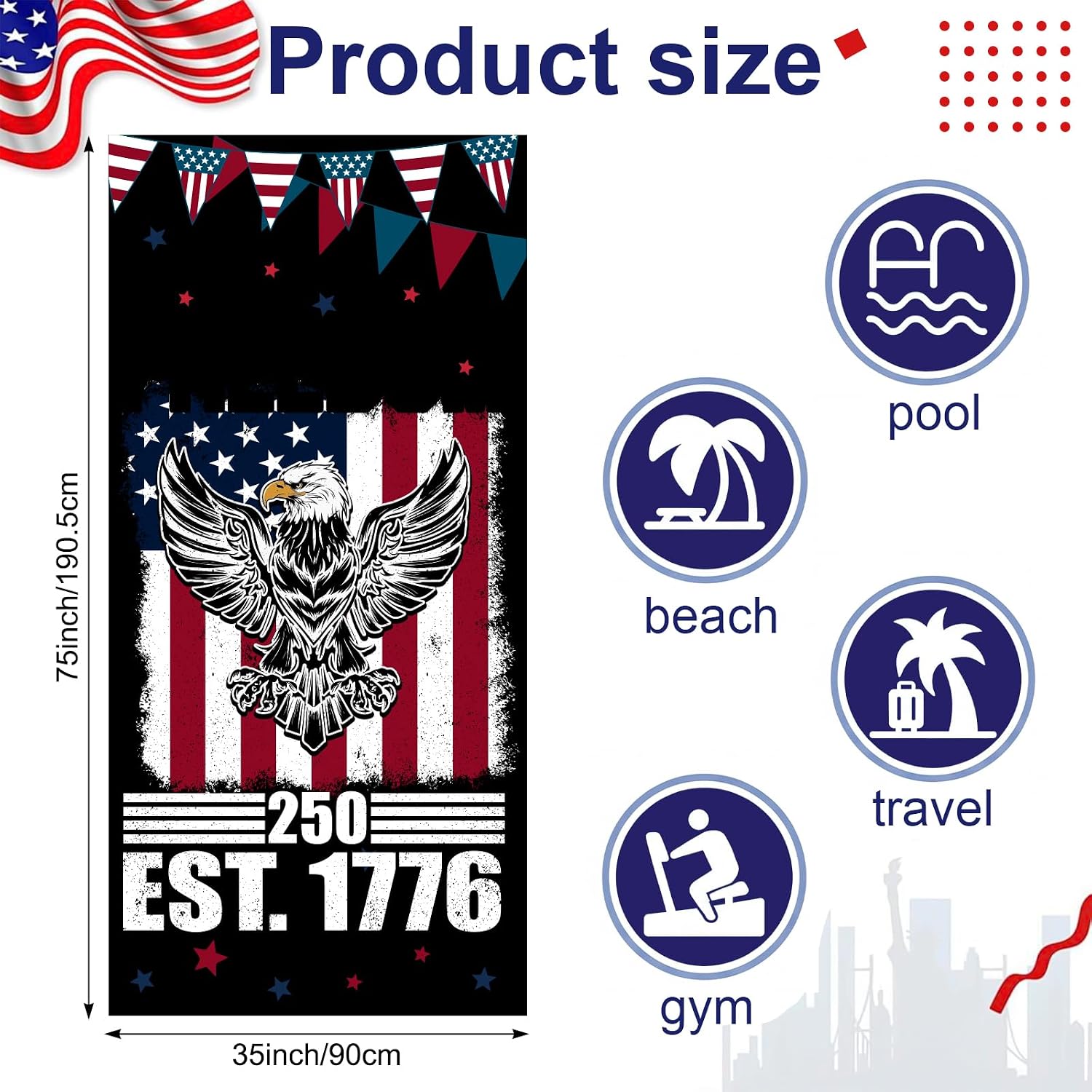 Haull 4pcs 250th Anniversary Microfiber Beach Towel 75'' x 35'' Soft Oversized America USA 1776-2026 250 Years Pool Bath Towels 4th of July Patriotic Absorbent Quick Dry Camping for Bathroom Gym Yoga