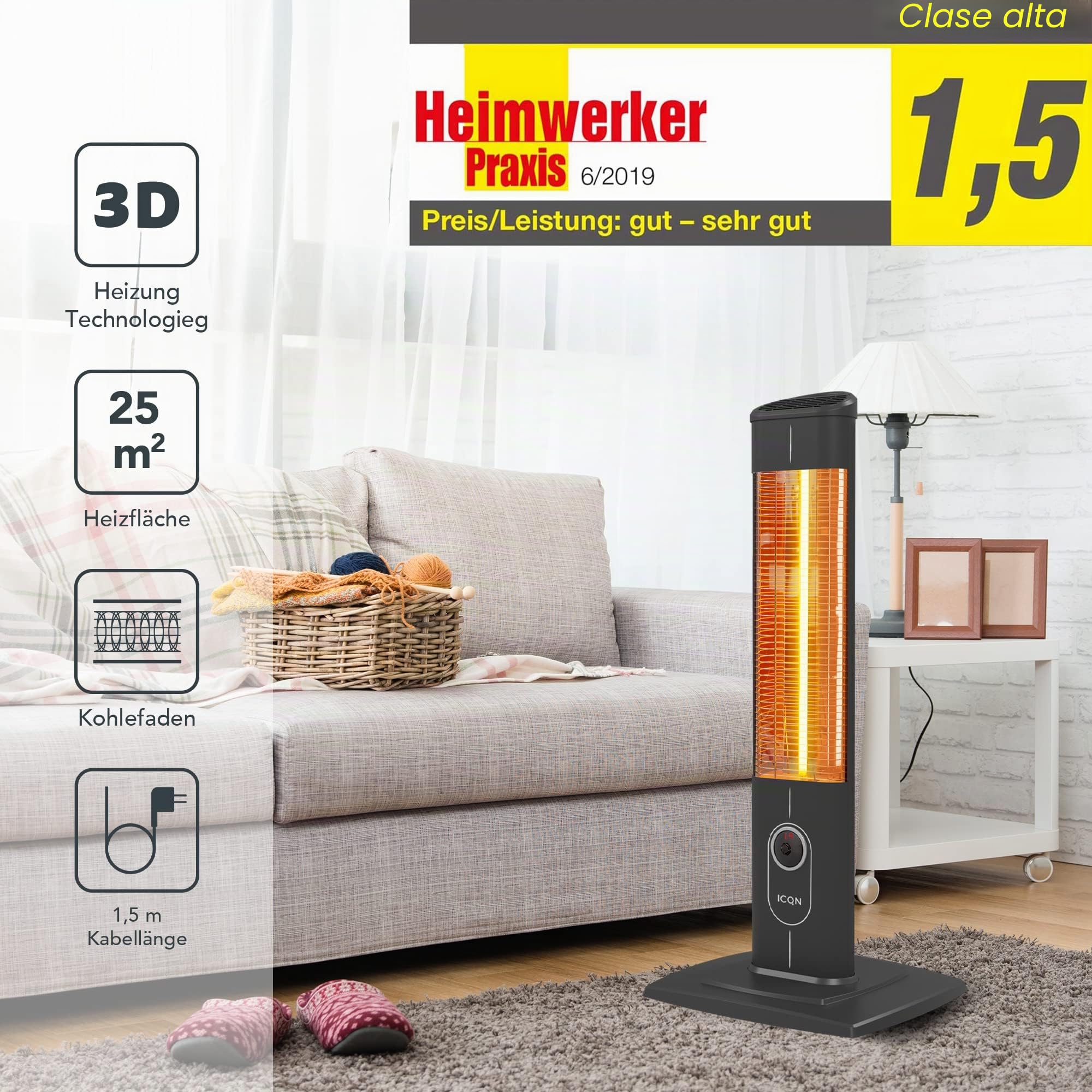 ICQN Calentador de pie con control remoto | Infrarrojo | Calefacción por infrarrojos para uso interior y exterior. Calentador de estacionamiento | Unidad de piso | IP20 | Pantalla digital | IC2500.RB