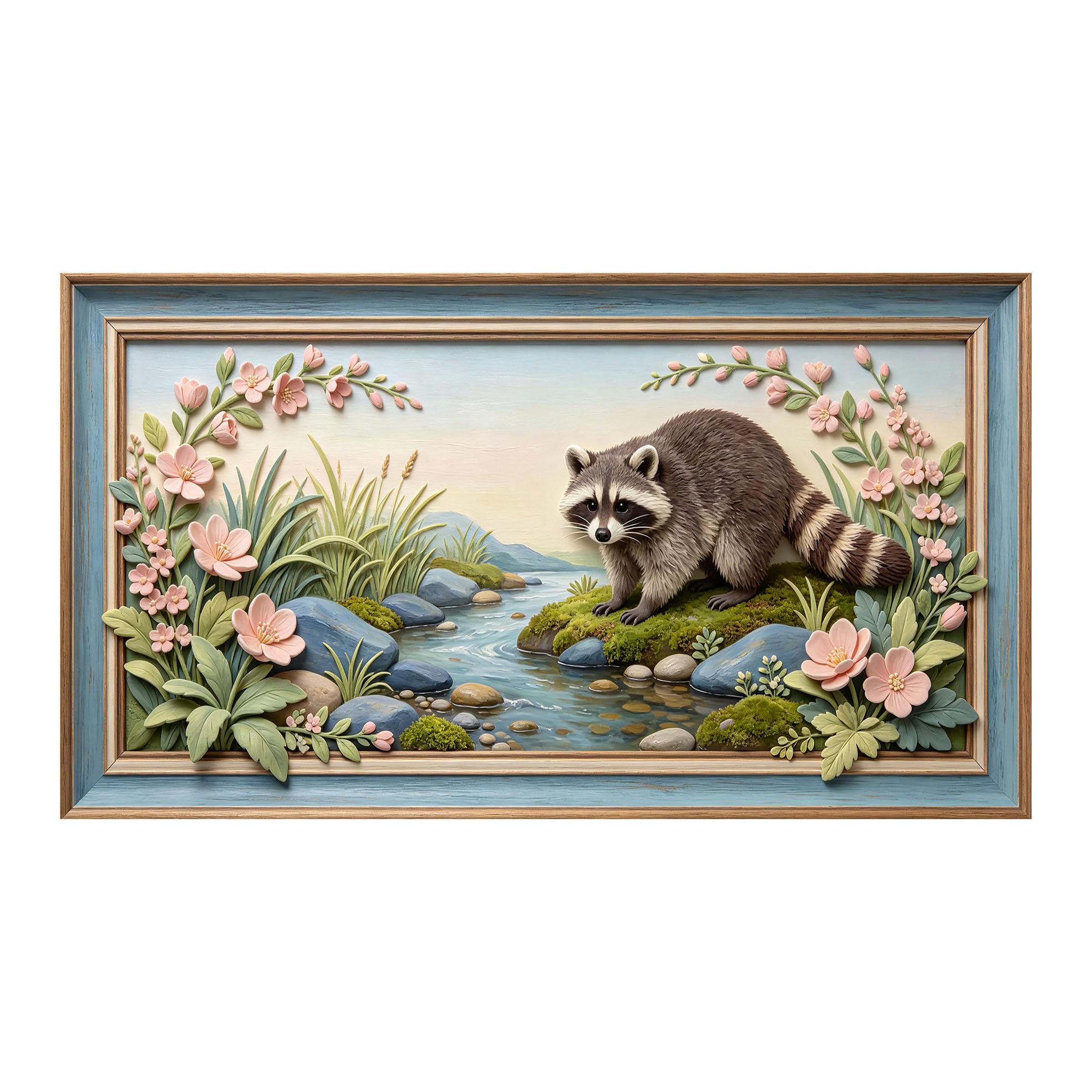 Yzpallescene 3D 3D Framed Wall Art 50cm×90cm Raccoon River Landscape Floral Pastoral Oil Painting Large Size SelfAdhesive Removable Wall Decor Prints Artwork for Living Room Bedroom Office