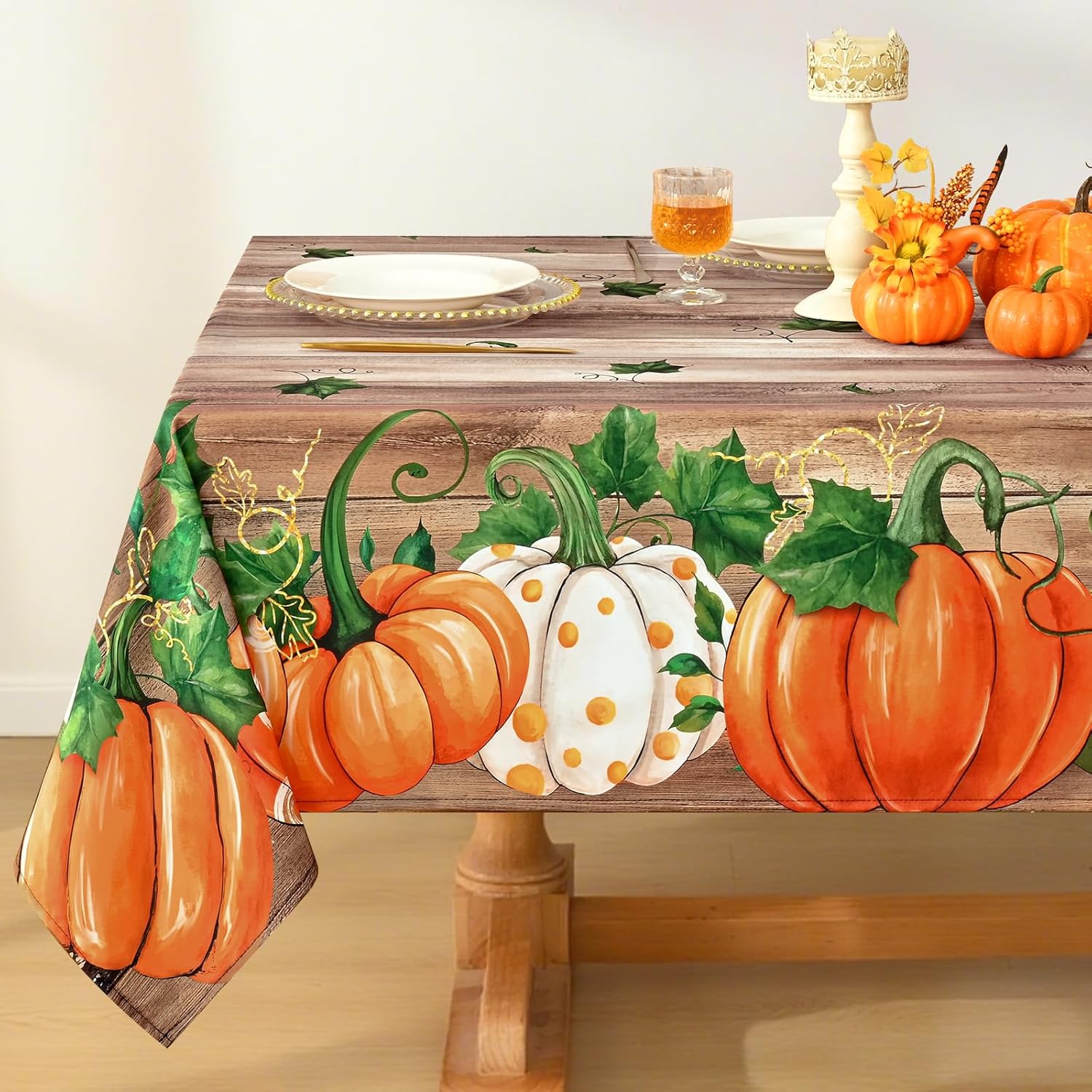 Aperturee Autumn Pumpkin Patch Rectangle Tablecloth with Fall Leaf Pattern, for Thanksgiving and Harvest Dinner main image 1
