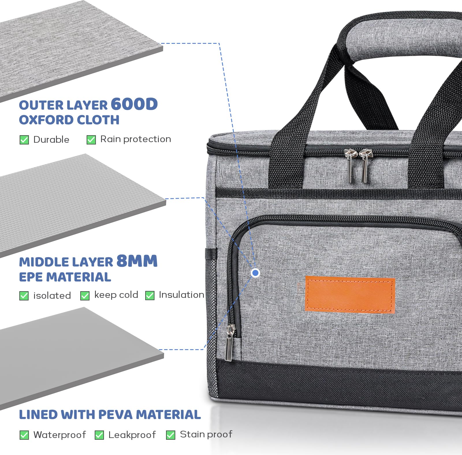 Borsa Termica Porta Pranzo 15L Isolata Impermeabile Lunch Bag con Tracolla Regolabile Grigio