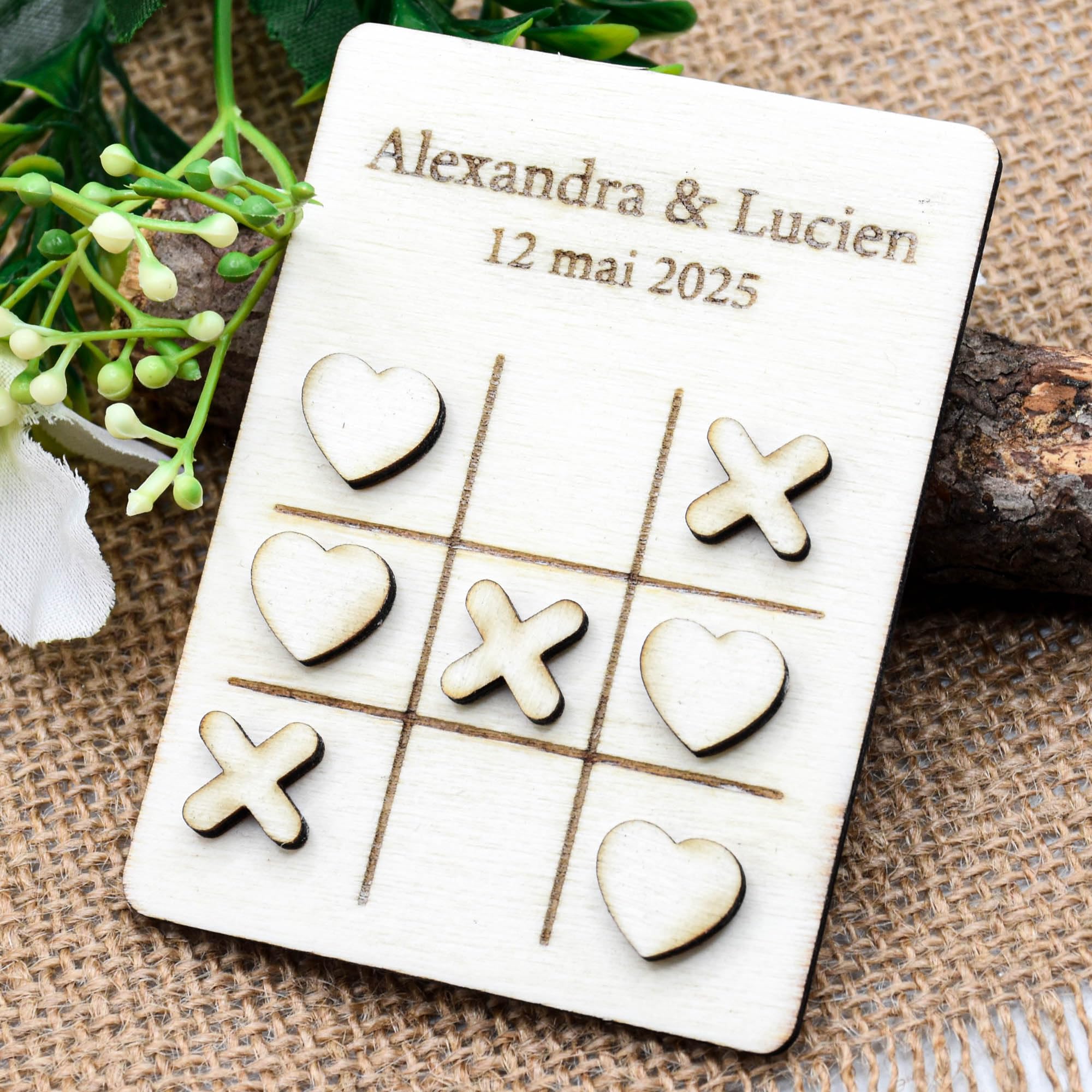 Lot de 10 jeu de mariage en bois personnalisable, mini jeu de morpion, idée cadeau invités, décoration de table, animation, version initiales ou coeur
