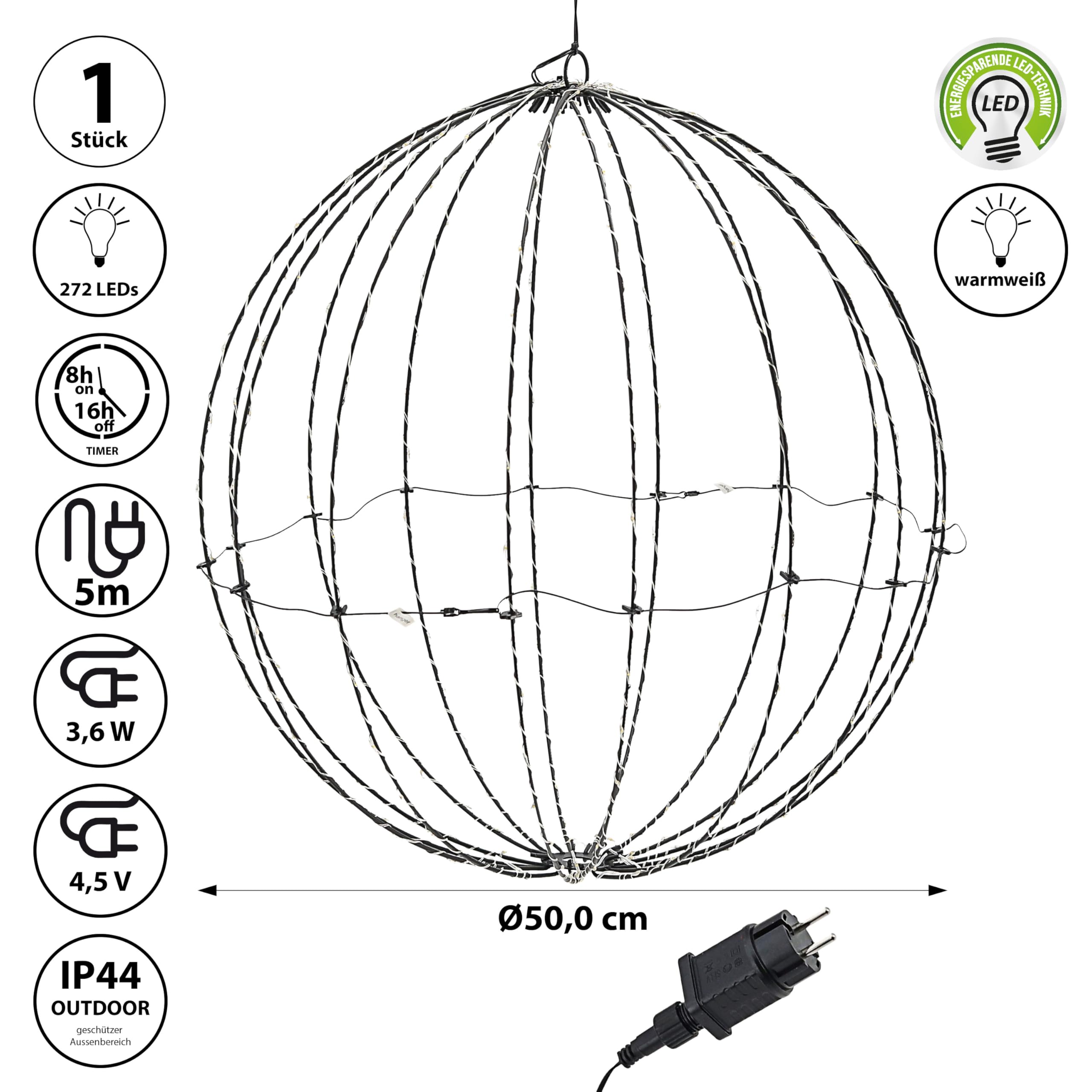 Cepewa LED Kugel zum Aufhängen | Ø50cm Eisen Kunststoff schwarz 272 LEDs warmweiß batteriebetrieben IP44 | Weihnachtskugel zum Aufhängen Gartendekoration (1 x LED Kugel Ø50cm)