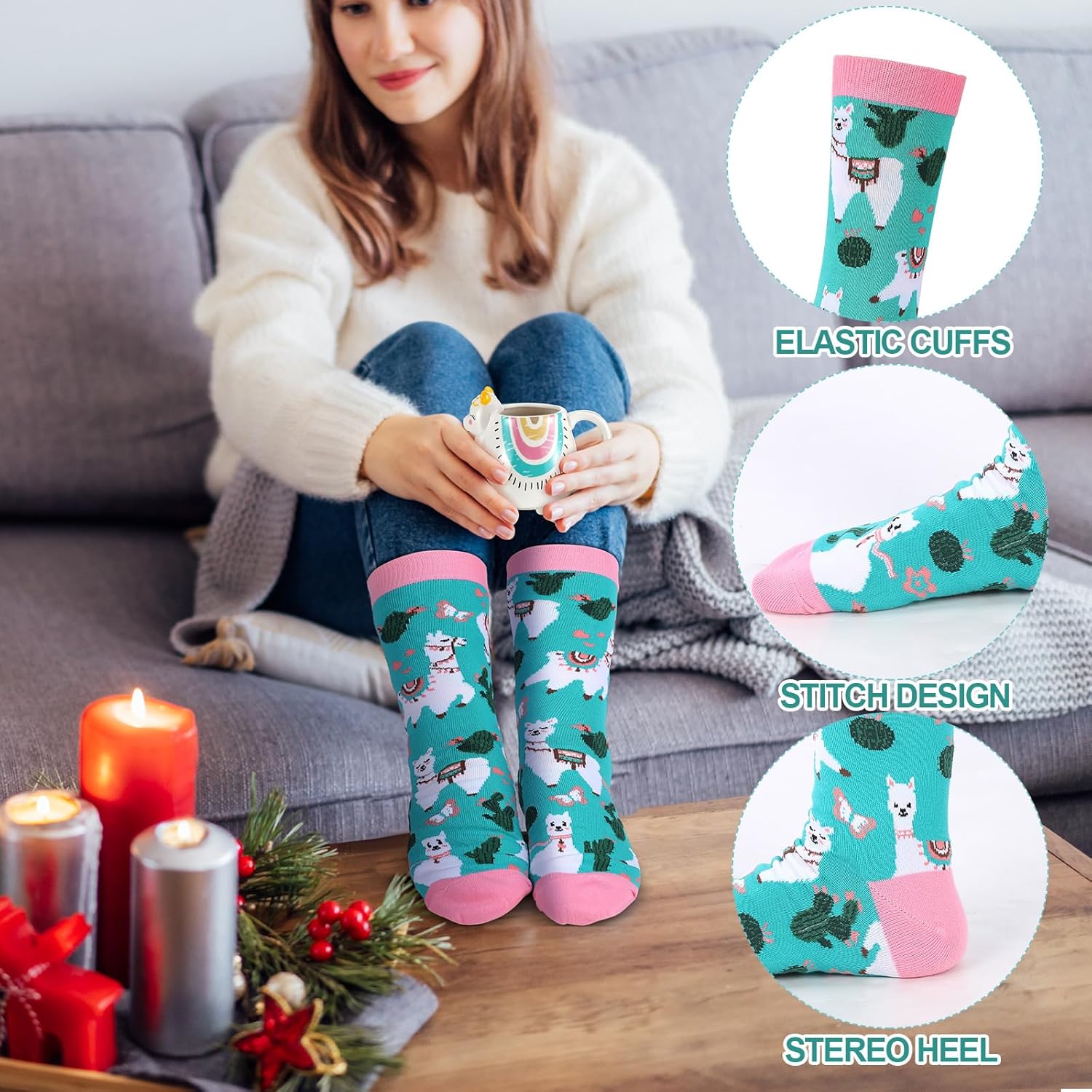 3 Pcs Christmas Mug Gift for Women Include Animal Tea Mug Socks Keychain Cute Animal Ceramic Coffee Mugs for Christmas Thanksgiving Party Favor Birthday Gifts (Llama) - Image 4
