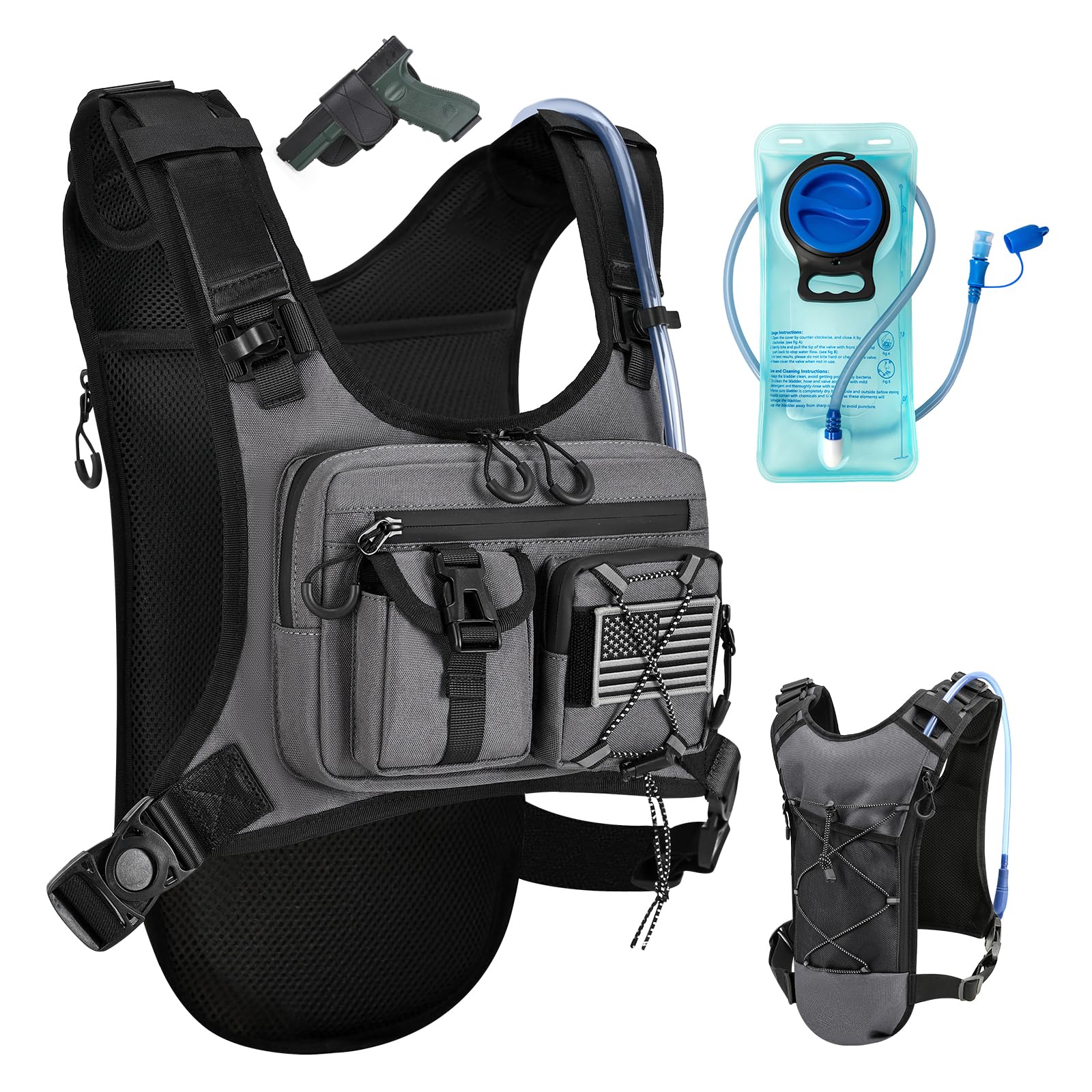 Criuage USA Patent Running Hydration Vest Backpack, Lightweight Chest Pack with 2.0L Water Bladder Bag Daypack for Hiking Running Cycling Race Marathon for Women Men (Grey-02, Standard)