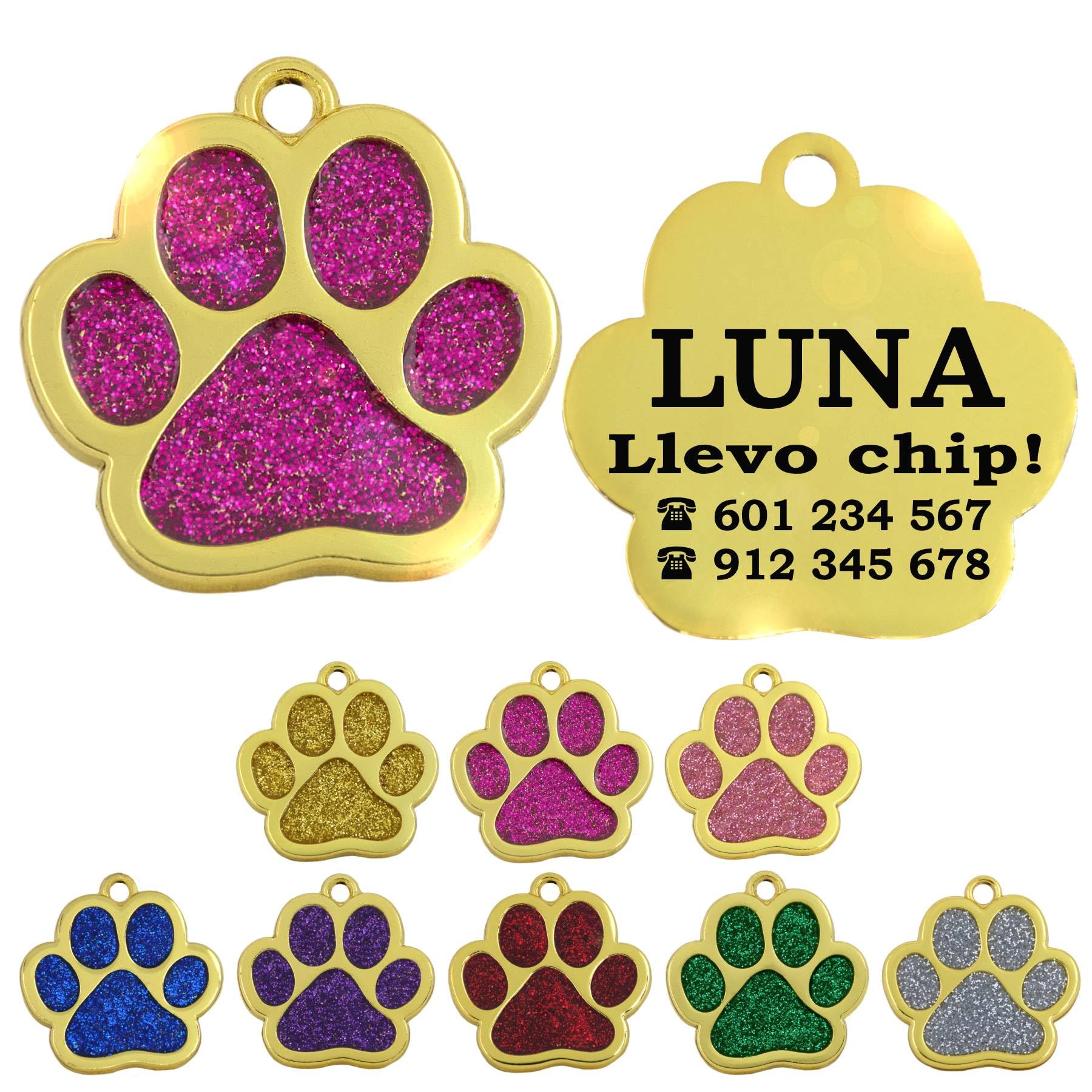 Chapa Perro Grabada en Forma de Pata para Perros y Gatos Pequeños a Medianos, Placa Perro Personalizada, Metal Dorado con Purpurina, Tamaño 30 x 30 mm (Fucsia)