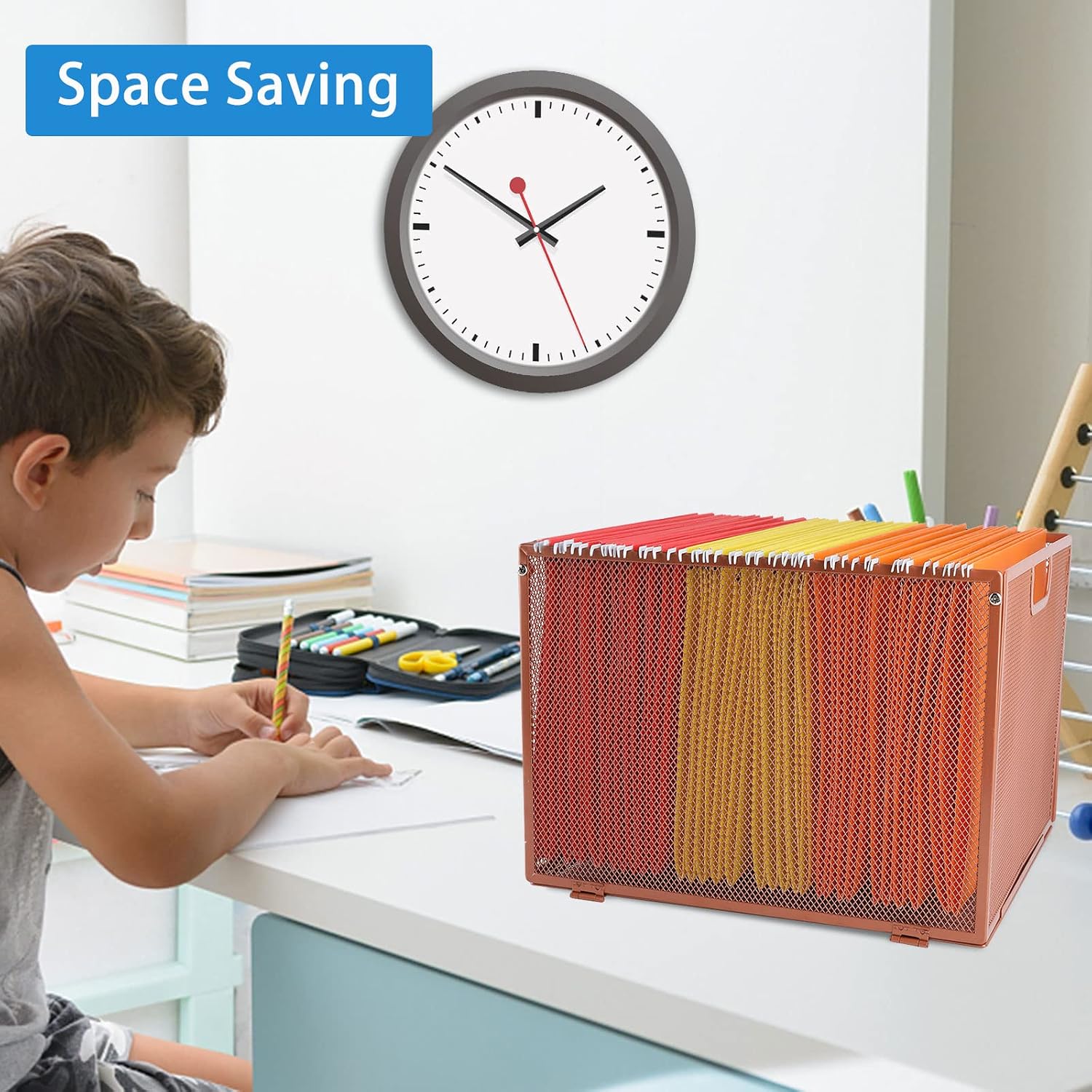 Reliatronic Hanging File Folder Organizer, Mesh Metal File Organizer Box Office Filing Crate Folder Holder Storage Box, Letter Size,Gold