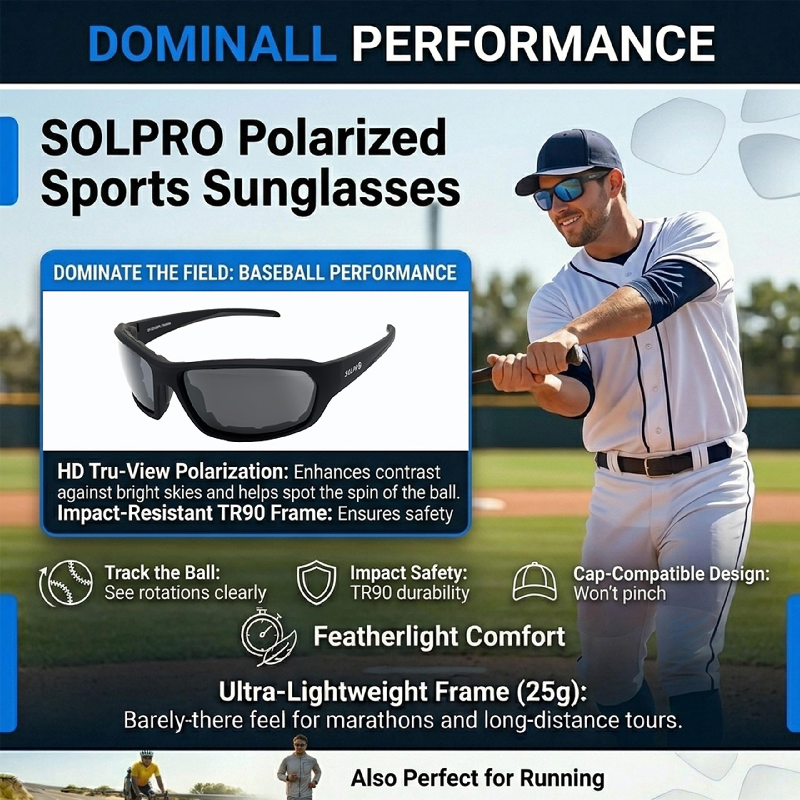 SOL PRO Occhiali da sole sportivi polarizzati imbottiti in schiuma per uomini e donne ciclismo golf pesca