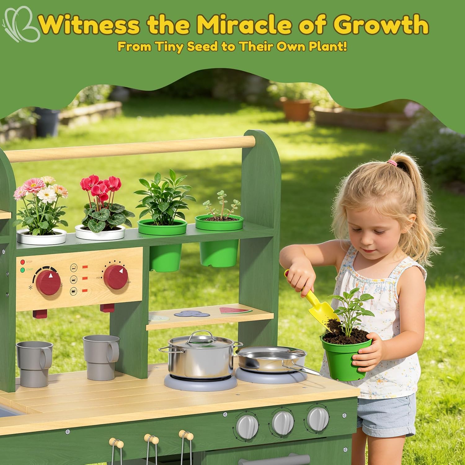 BIERUM Mud Kitchen for Kids Outdoor - Wooden Play Kitchen for Toddlers with Accessories，Pretend Outdoor Playhouse for Kids Ages 3+, Outdoor Kitchen with Sink, Faucet & Storage, Large