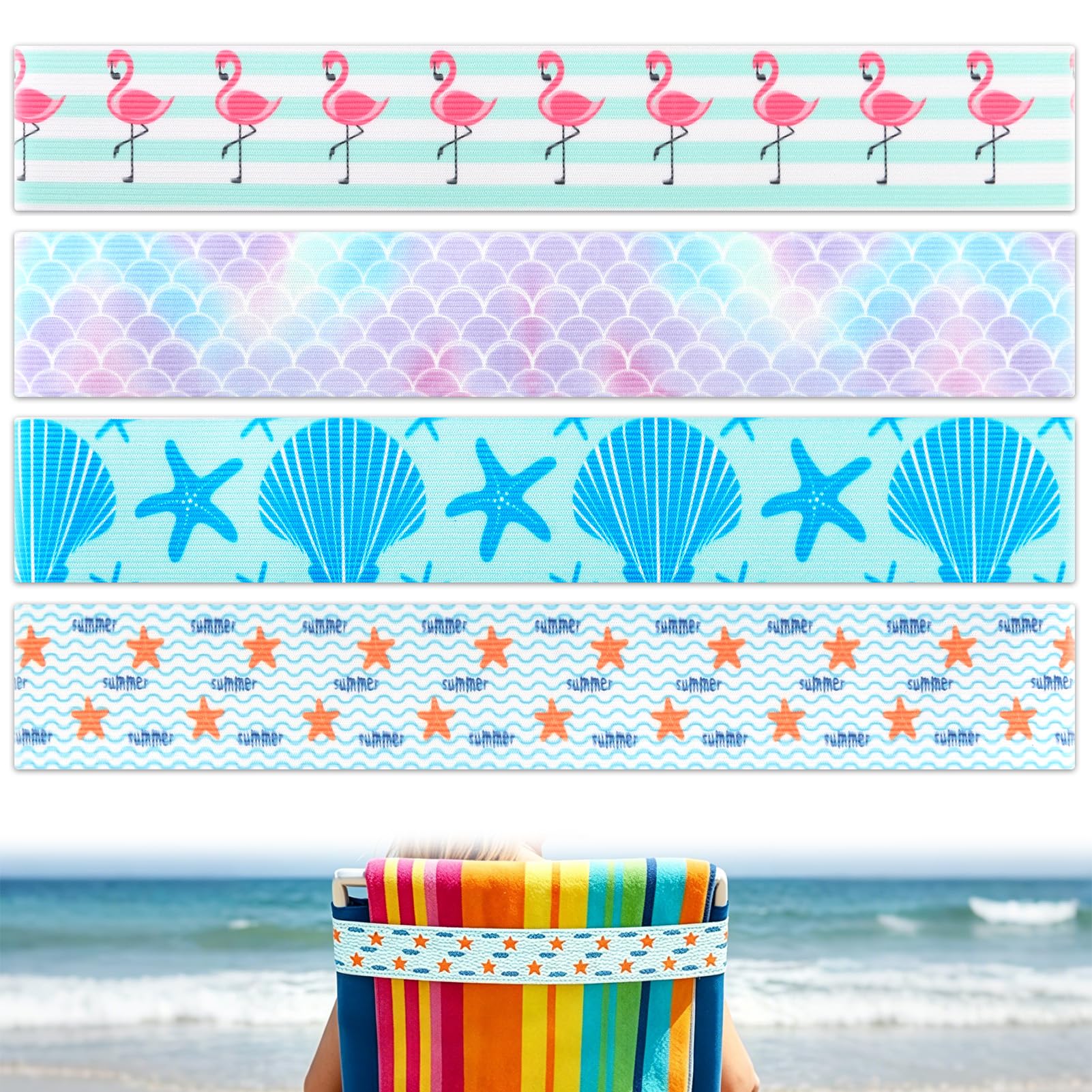 4Pcs Beach Towel Bands for Sun Loungers,Widen Elastic Sunbed Straps for Beach Towels,40x4.5cm Non-Slip Windproof Sunbed Bands,Heavy-Duty Pool Chair Holders,Portable Cruise Essentials Accessories