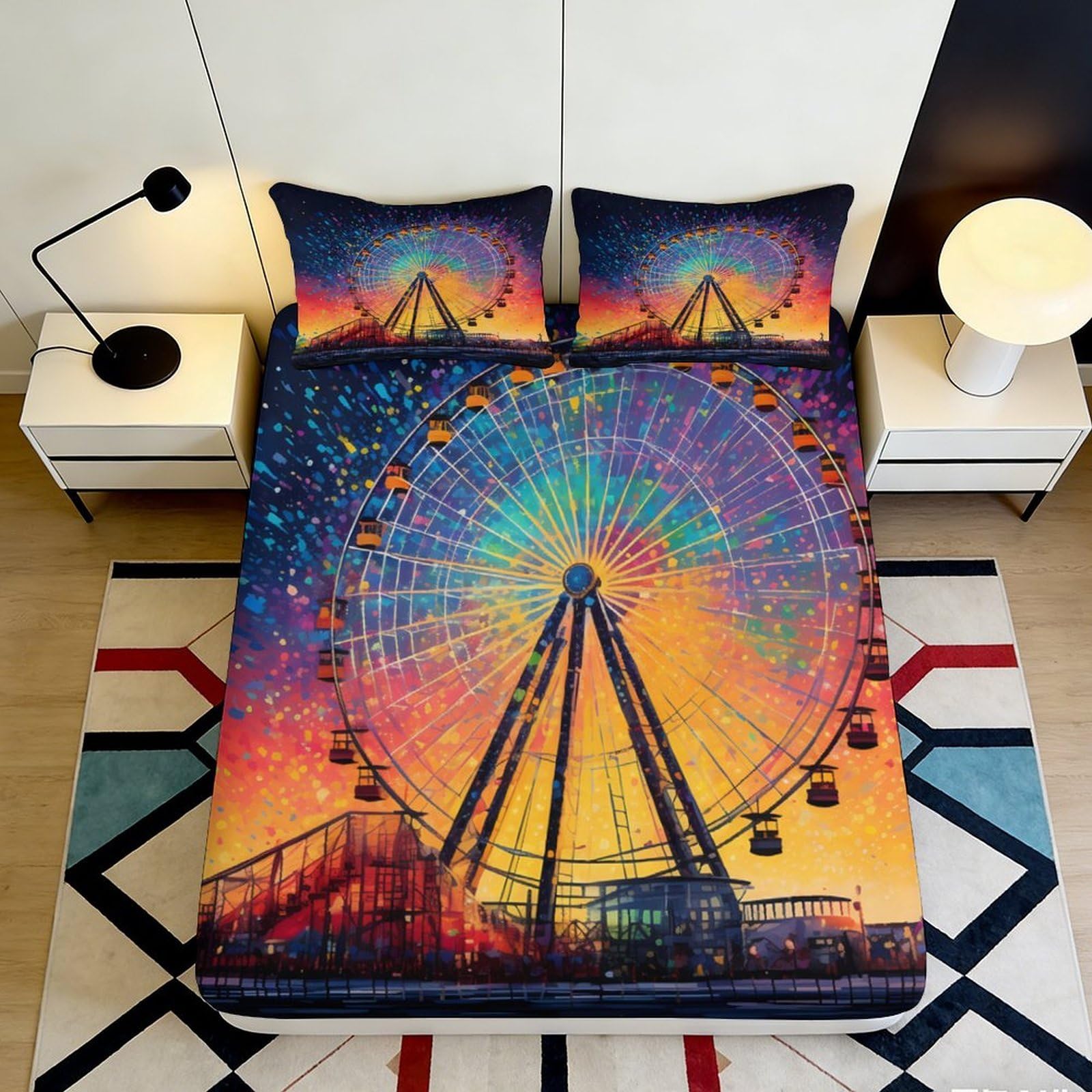 Jqzkxnhpbr Style-2 3D Printed Ferris Wheel Night Fitted Sheet Microfiber Soft Breathable Carnival Lights Mattress Cover For Bedroom Dorm Decor 90X200x25cm