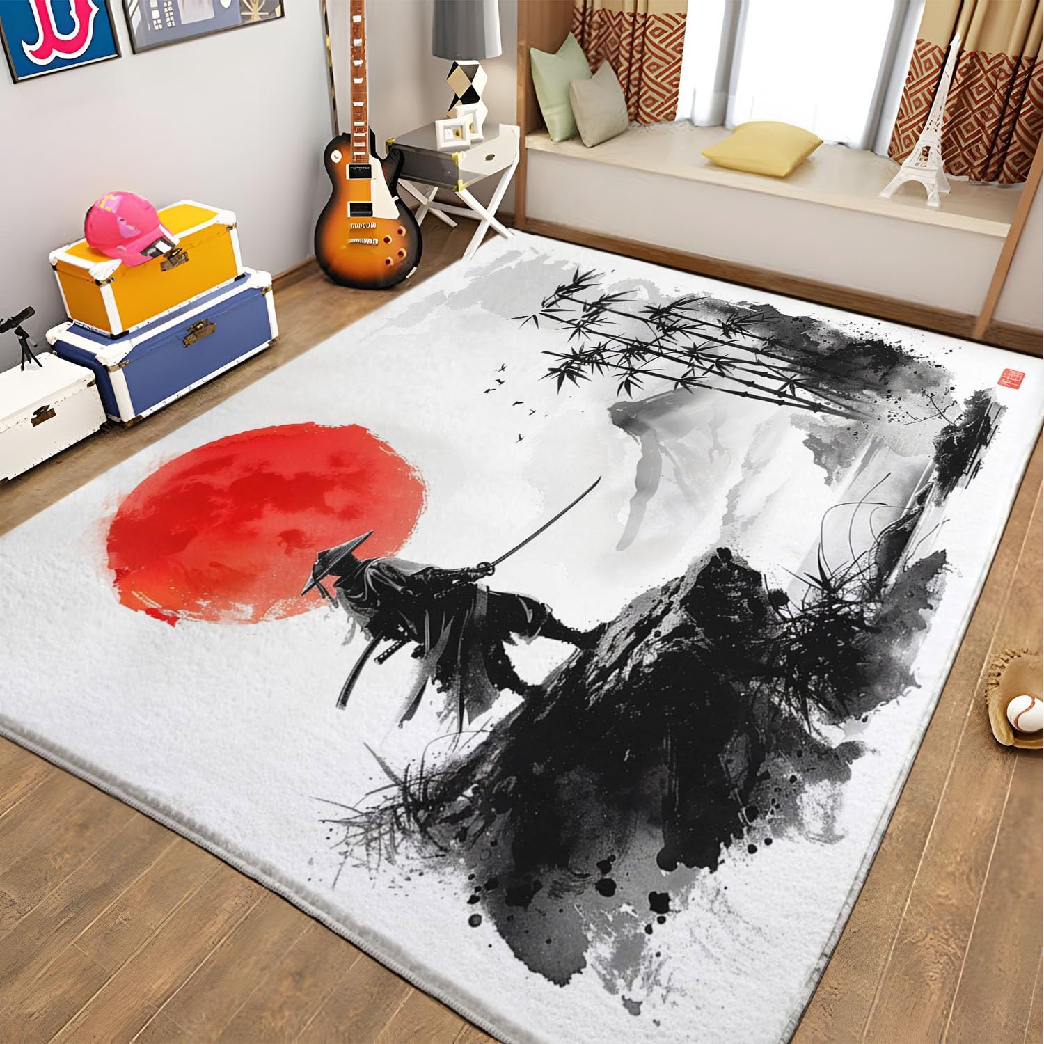 Alfombra antideslizante para sala de estar, 80 x 150 cm, estilo japonés, pintura a tinta, alfombra samurái de sol rojo, alfombra rectangular lavable a máquina, alfombras suaves de pelo bajo para