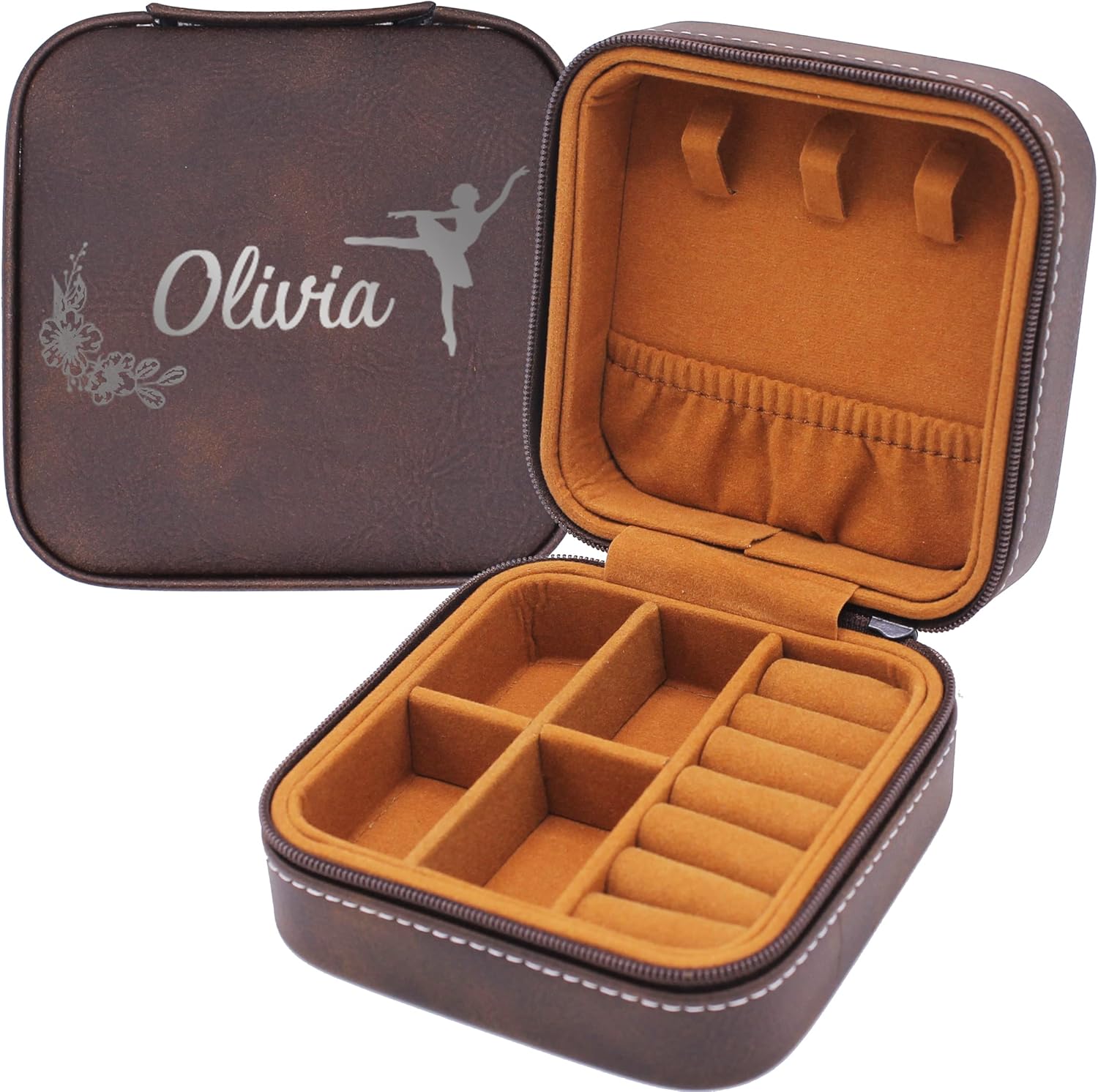 My Personal Memories Personalized Travel Jewelry Box Organizer Case for Girls - Engraved with Name and Ballerina, Mermaid, Unicorn, Princess and more (Rawhide)