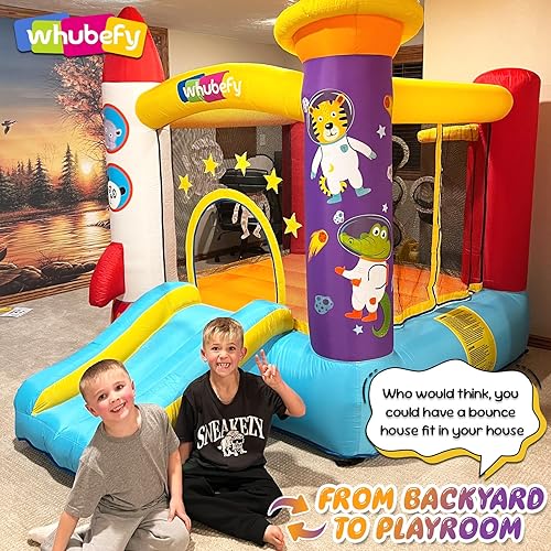 Miniatura 2 de Whubefy Casa inflable de rebote para niños de 3 a 6 años, castillo animoso de cohetes de espacio pequeño con tobogán y soplador, juego de rol de